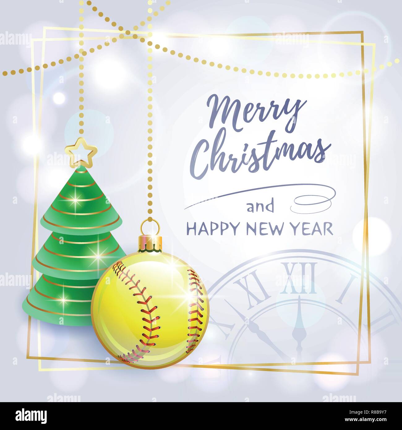 Auguri di Buon Natale. Felice Anno Nuovo. Sport biglietto di auguri. Softball. Illustrazione Vettoriale. Illustrazione Vettoriale