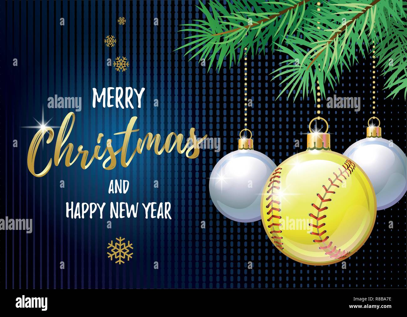 Buon Natale e Felice Anno Nuovo. Sport biglietto di auguri. Softball sfera come una palla di Natale. Illustrazione Vettoriale. Illustrazione Vettoriale