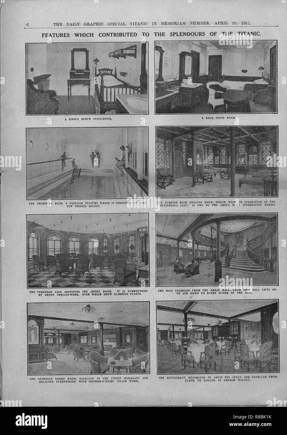 "Caratteristiche che hanno contribuito gli splendori del Titanic", 20 aprile 1912. Creatore: sconosciuto. Foto Stock