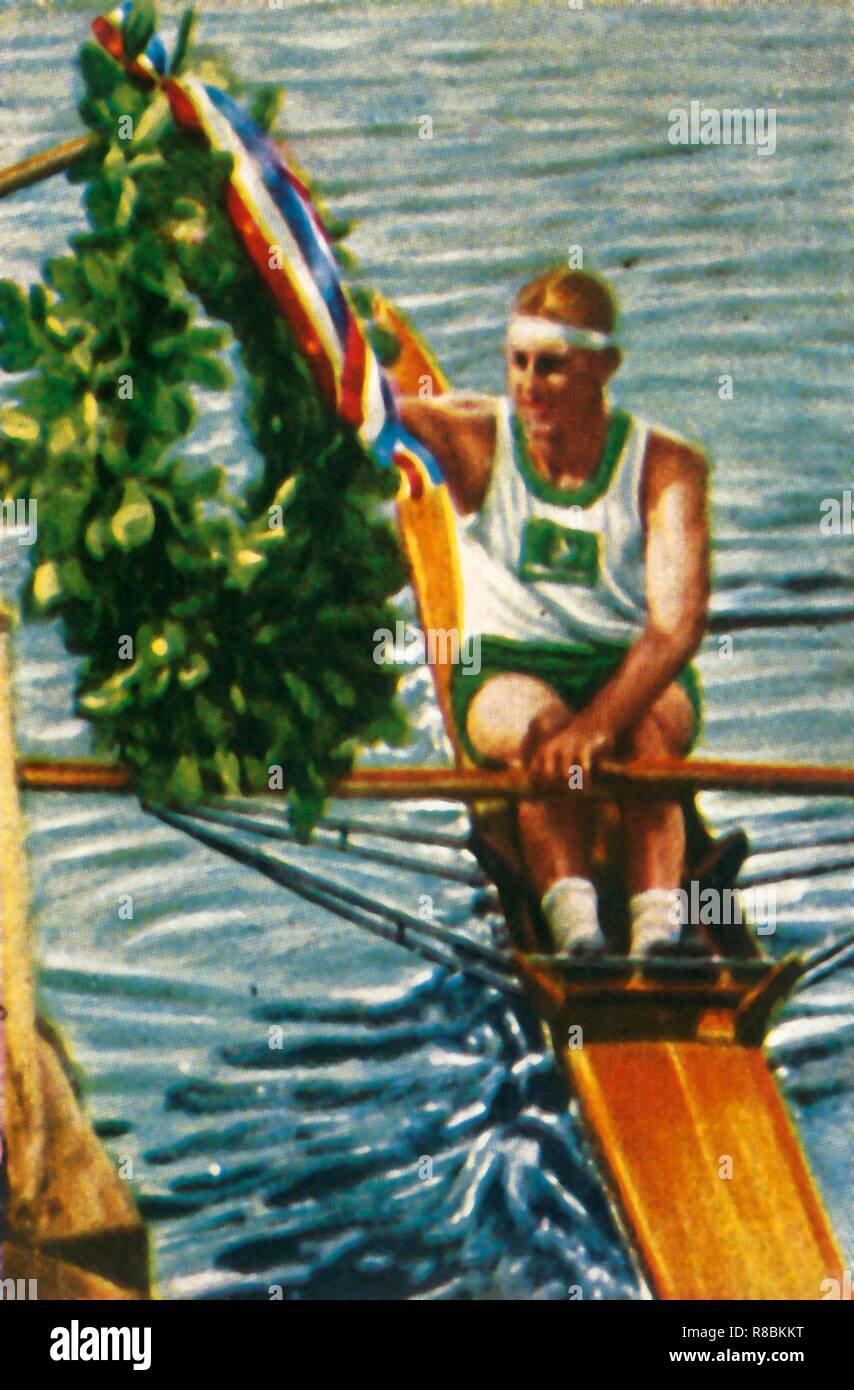 Australian rower Bobby Pearce vince il singolo skiff, 1928. Creatore: sconosciuto. Foto Stock