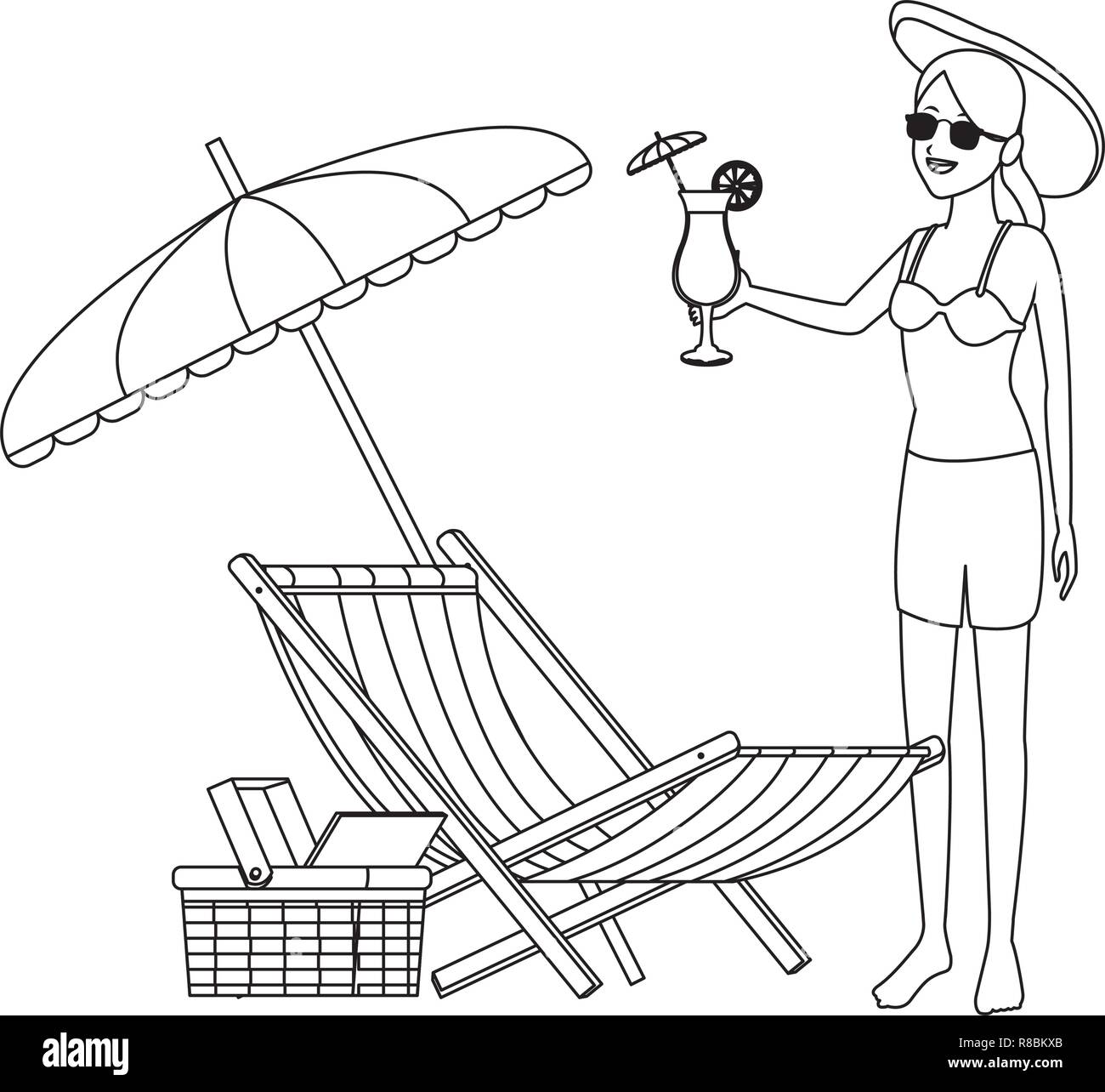 Donna beach hat e cocktail in bianco e nero Illustrazione Vettoriale
