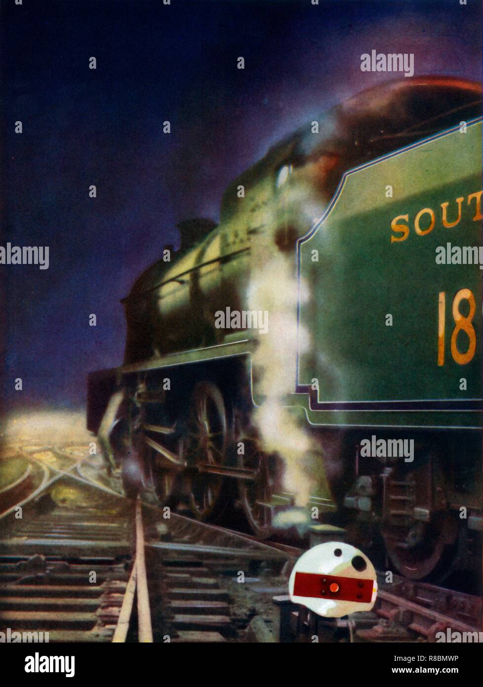 "La notte di viaggio. Un a traffico misto locomotiva della Ferrovia meridionale in un cross-over', 1935. Creatore: sconosciuto. Foto Stock
