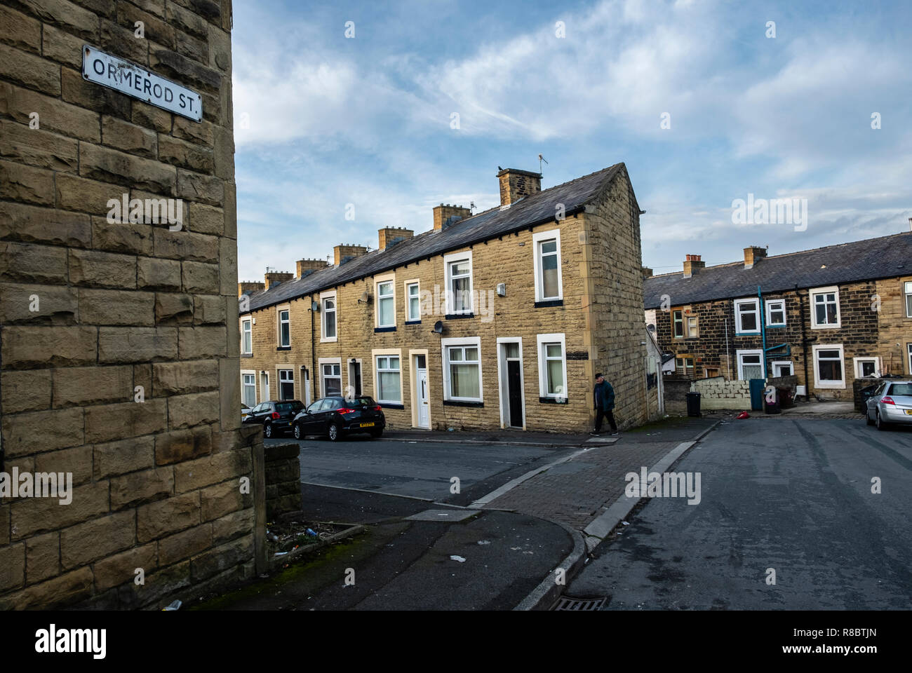 Strade di case a schiera in ex mulino città di Nelson, Lancashire Foto Stock