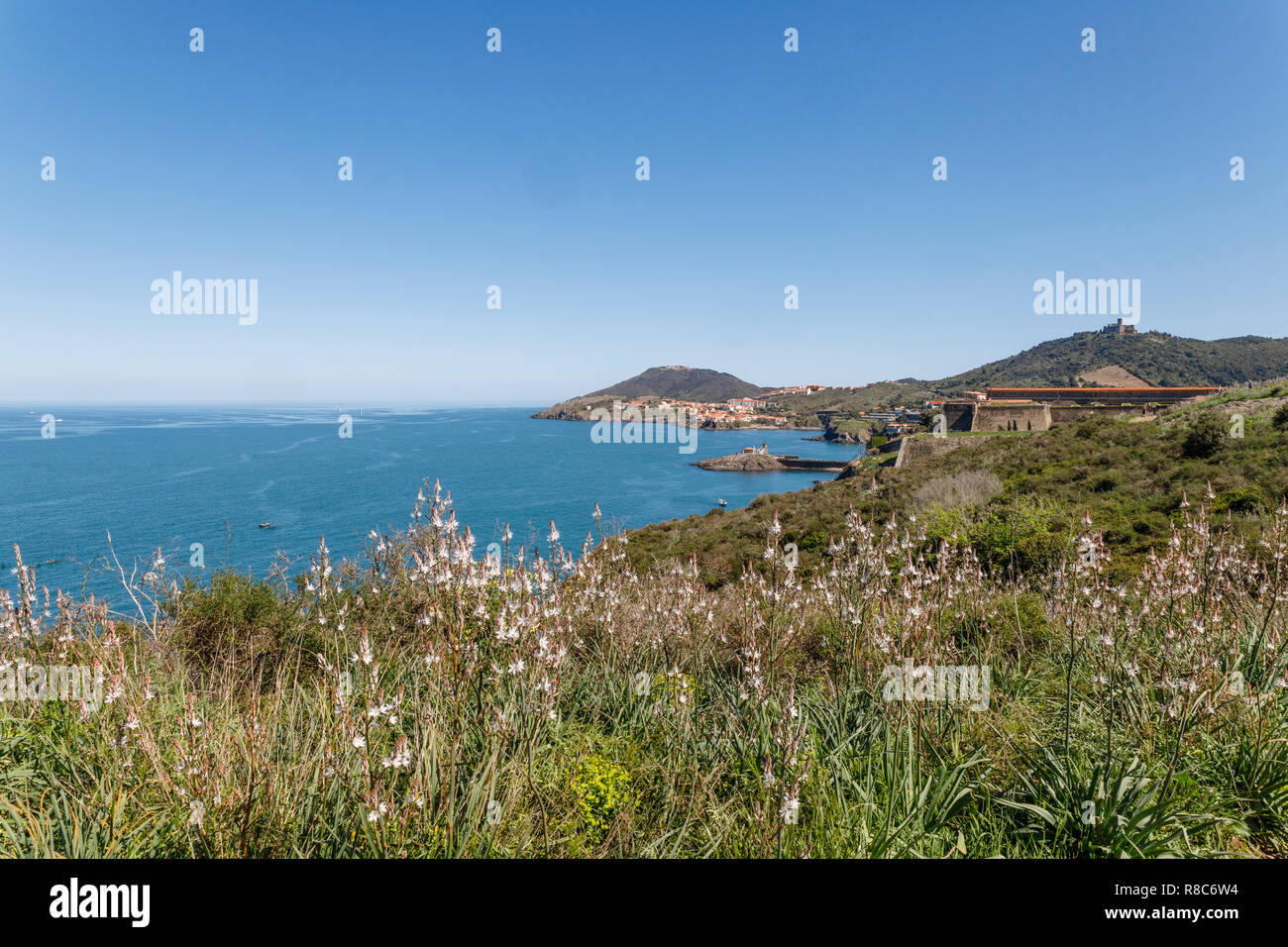 Francia, Pirenei orientali, Cote Vermeille, Collioure, il Fort Miradou proprietà dell'esercito e Port Vendres in background // Francia, Pyrénées-Oriental Foto Stock