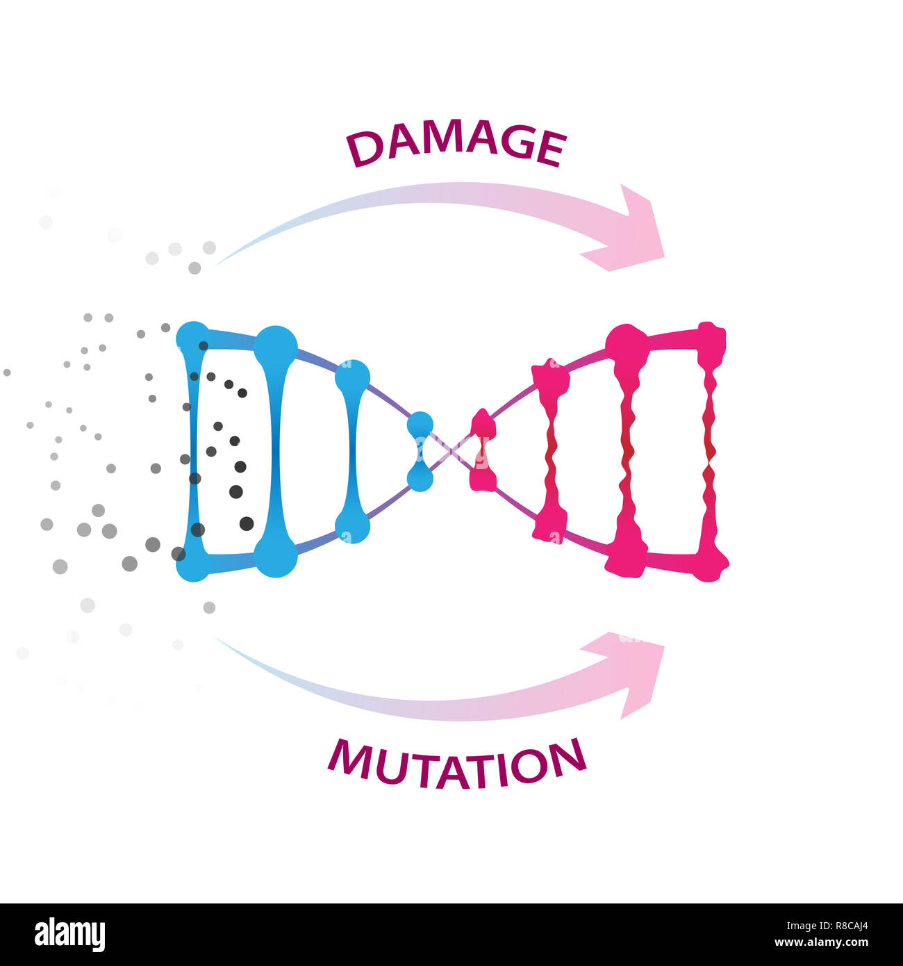 I fattori esterni che possono causare danni al DNA e mutazioni. Illustrazione medica su sfondo bianco Foto Stock