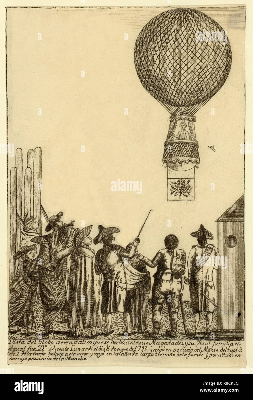Vista del globo aereostatico que se hechò ante magesta sus ?pub. 1793. Creatore: Scuola Italiana (XVIII secolo). Foto Stock