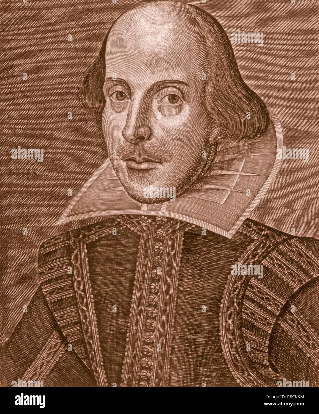 Ritratto di Shakespeare, 1623. Autore: Martin Droeshout o Scuola di inglese?. Foto Stock