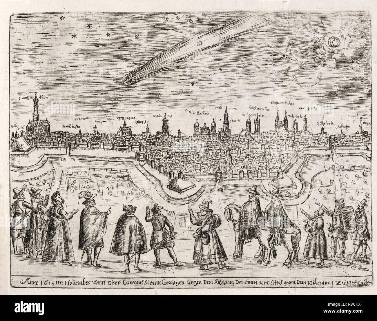Comet visto oltre Augusta alla fine di novembre 1618, pub. 1618. Creatore: scuola tedesca (XVII secolo). Foto Stock