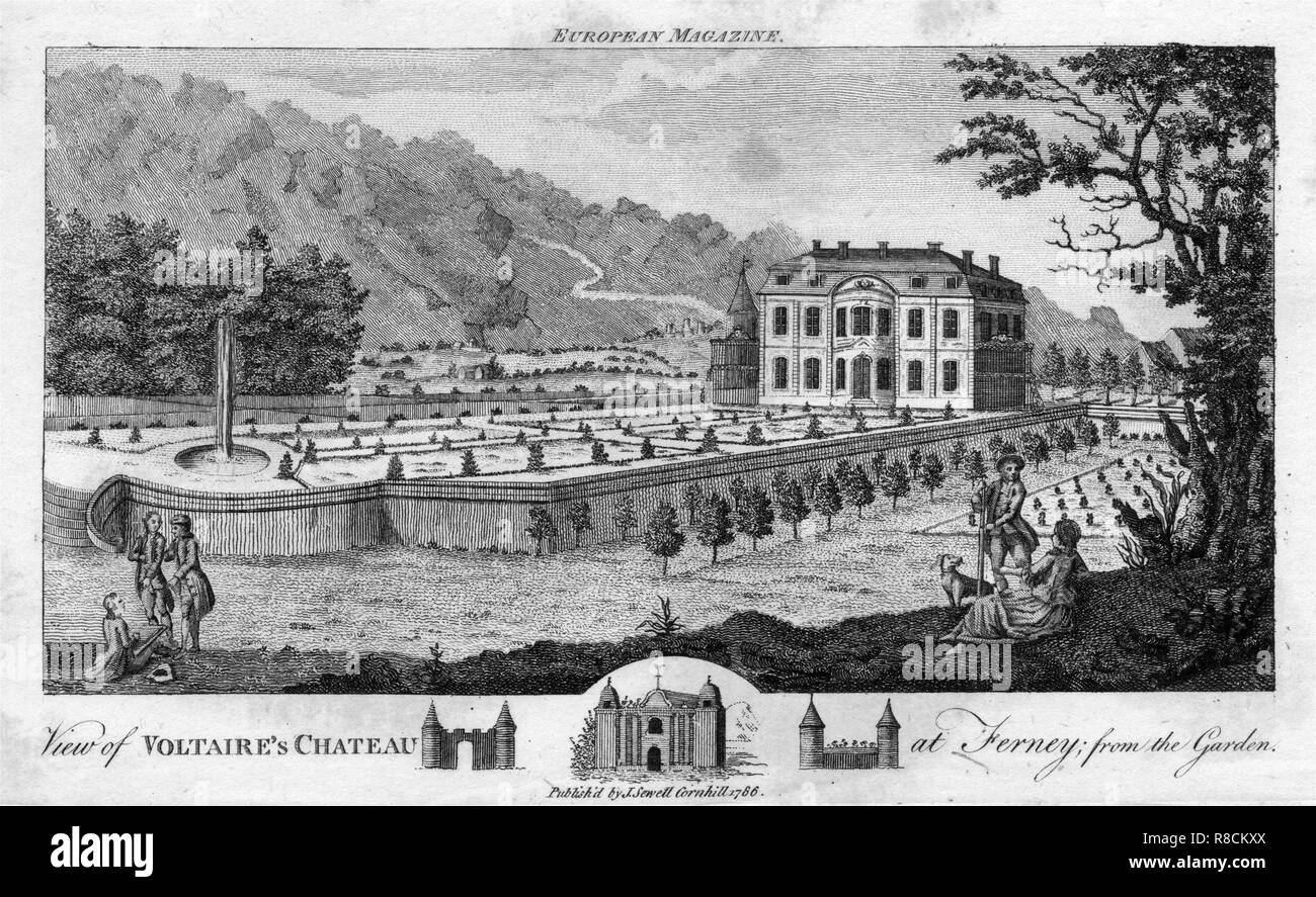 Vista di Voltaire il Chateau a Ferney, dal giardino, pub. 1786. Creatore: Scuola di inglese (XVIII secolo). Foto Stock