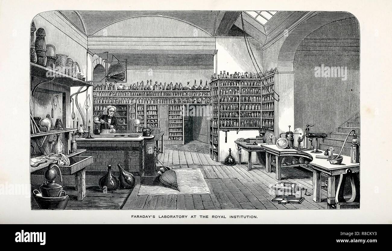 Faraday laboratorio presso la Royal Institution, pub. 1870. Creatore: Scuola di inglese (XIX secolo). Foto Stock