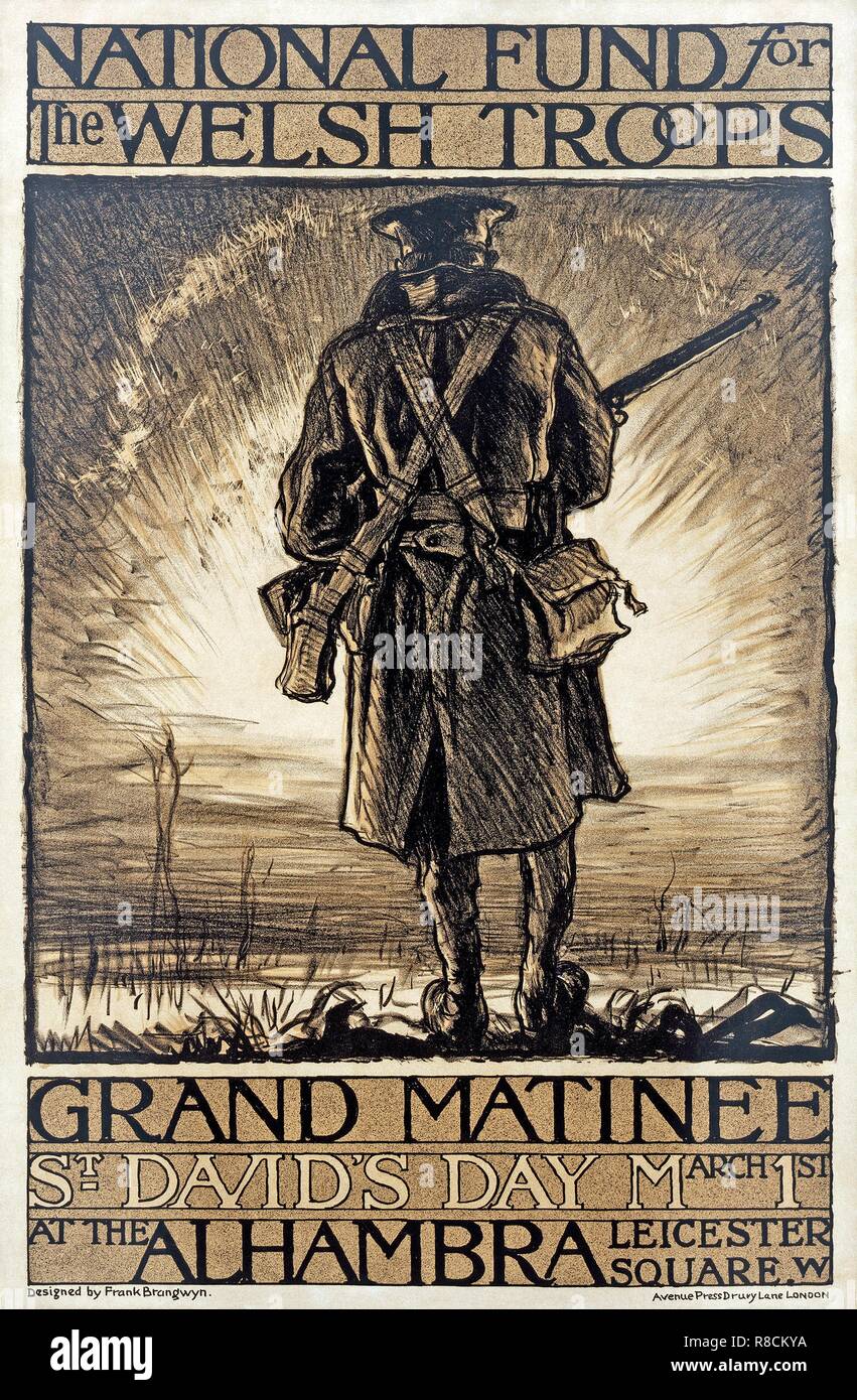 Poster pubblicitari un evento di raccolta fondi per il Fondo nazionale per le truppe gallese, 1 marzo, 1915, creatore: Frank Brangwyn (1867 - 1956). Foto Stock
