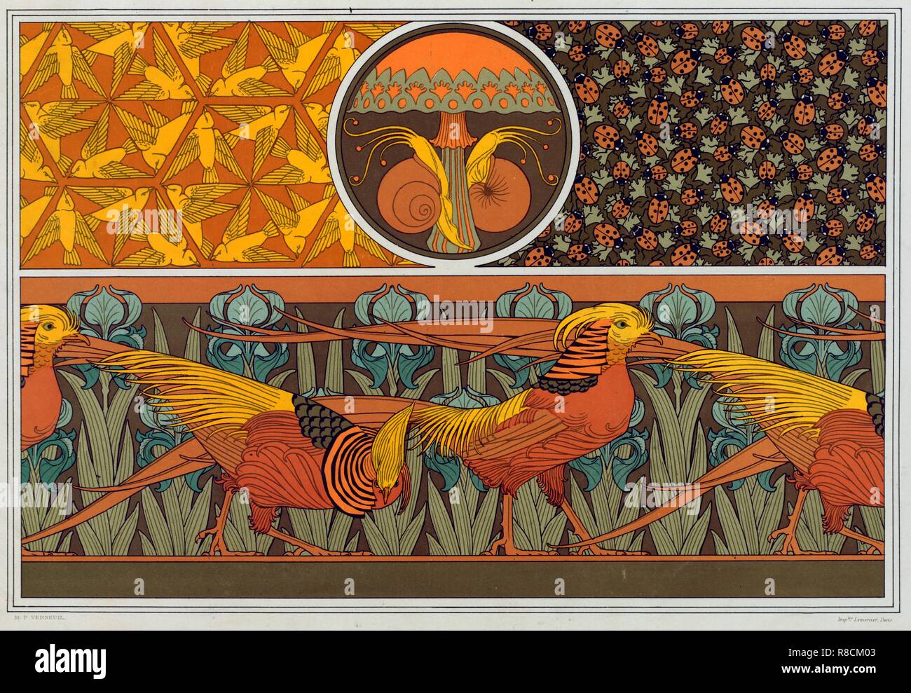 Progetta per la carta da parati di confine e tessuto: "Uccelli"; Coccinelle e Maiden Hair Fern', pub. 1897. Creatore: Maurice Pillard Verneuil (1869?1942). Foto Stock