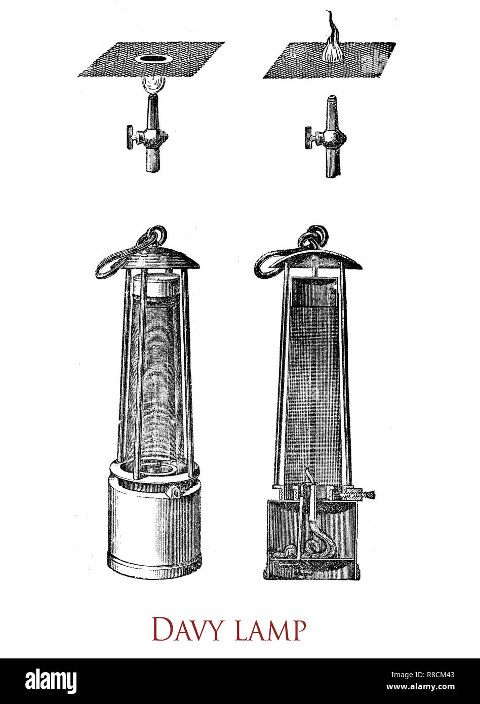 Incisione vintage del Davy lampada, lampada di sicurezza per l'uso in atmosfere infiammabili come le miniere di carbone, inventato nel 1815 da Sir Humphrey Davy. Esso è costituito da una lampada a stoppino con la fiamma racchiusi all'interno di uno schermo a maglia Foto Stock