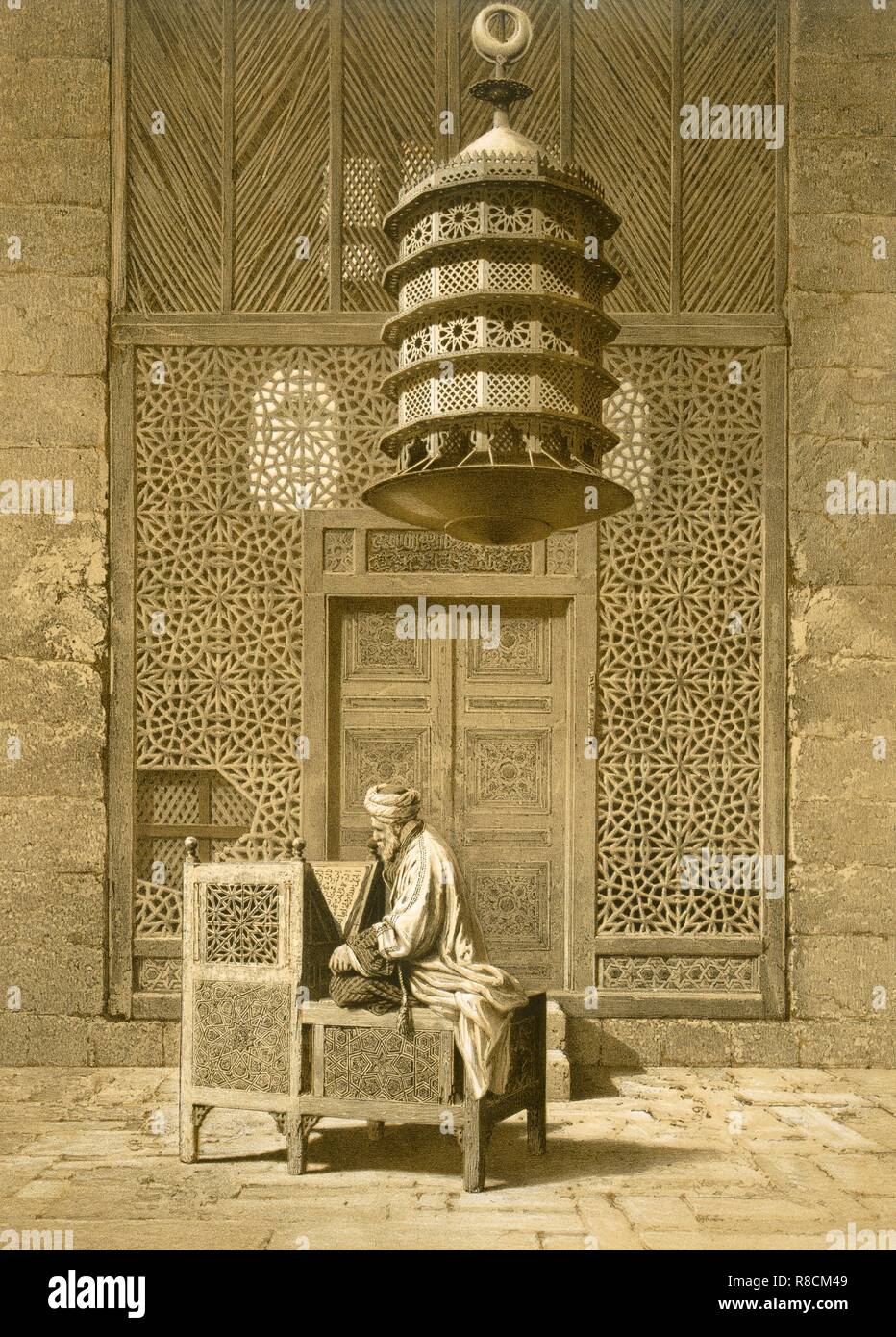 Il Cairo: funerario Sepuchral o Moschea del Sultano Barquoq seduto Imam la lettura del Corano, prima di un creatore di pierce: Emile Prisse d'Avennes (1807-79). Foto Stock