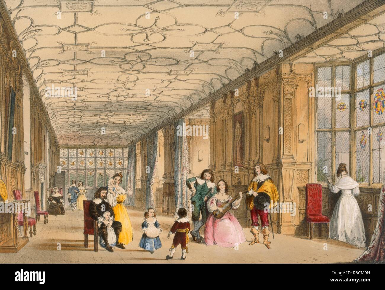 Vista della sala lunga a Haddon, Derbyshire, c1600. Autore: Giuseppe Nash (1809-78). Foto Stock