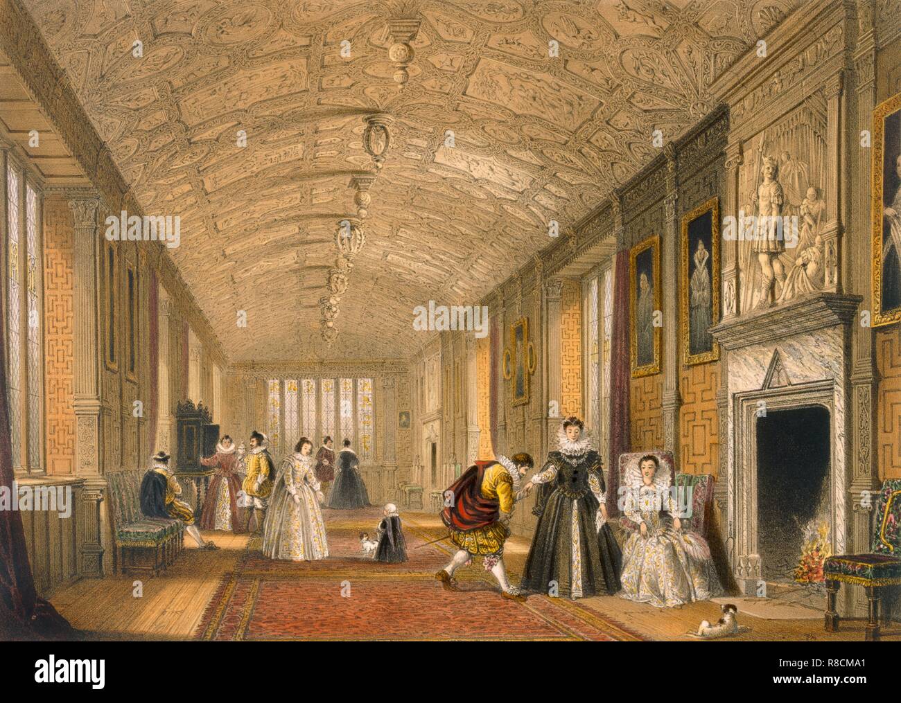 La lunga galleria al Lanhydrock, Cornwall, 1600. Autore: Giuseppe Nash (1809-78). Foto Stock