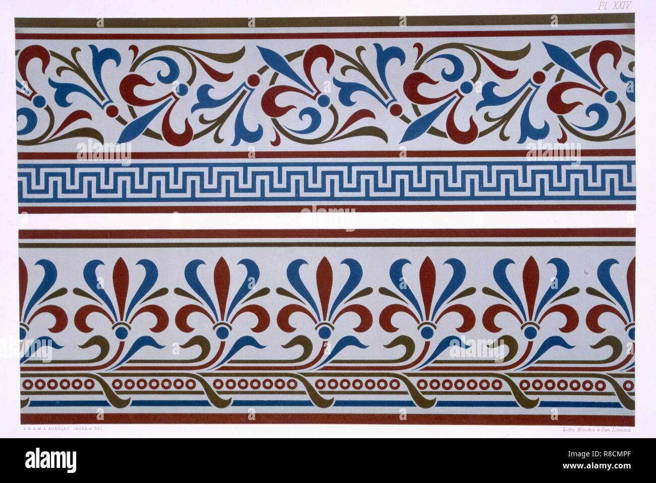 Ornamento Neo-Grec: confine e dado progetta, pub. 1892. Creatore: George Ashdown Audsley (1838-1925). Foto Stock