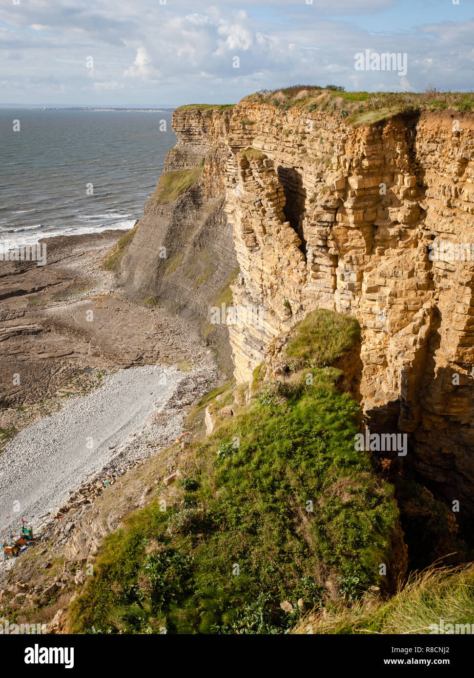 Instabile scogliera attorno a collassare nel Giurassico lias scogliere calcaree del Glamorgan Heritage Coast nel South Wales UK Foto Stock