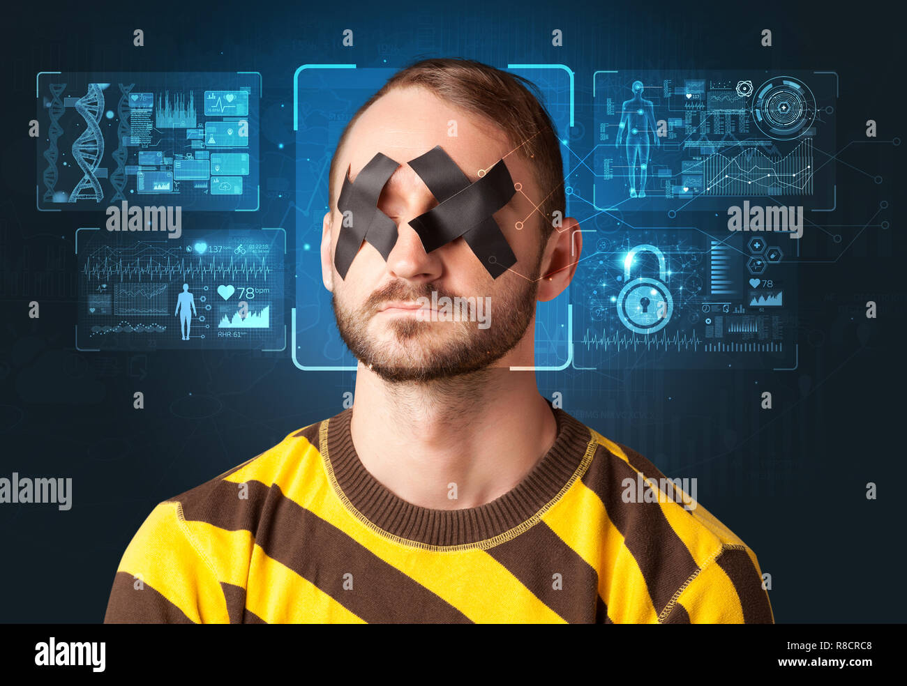 La verifica biometrica. Il concetto di una nuova tecnologia di riconoscimento facciale. Foto Stock