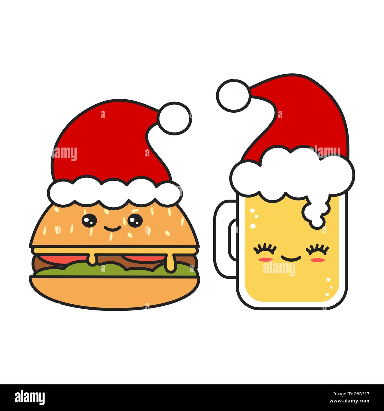 Carino e divertente vettore cartoon di Natale un bicchiere di birra fresca e hamburger indossando Santa's hat Illustrazione Vettoriale