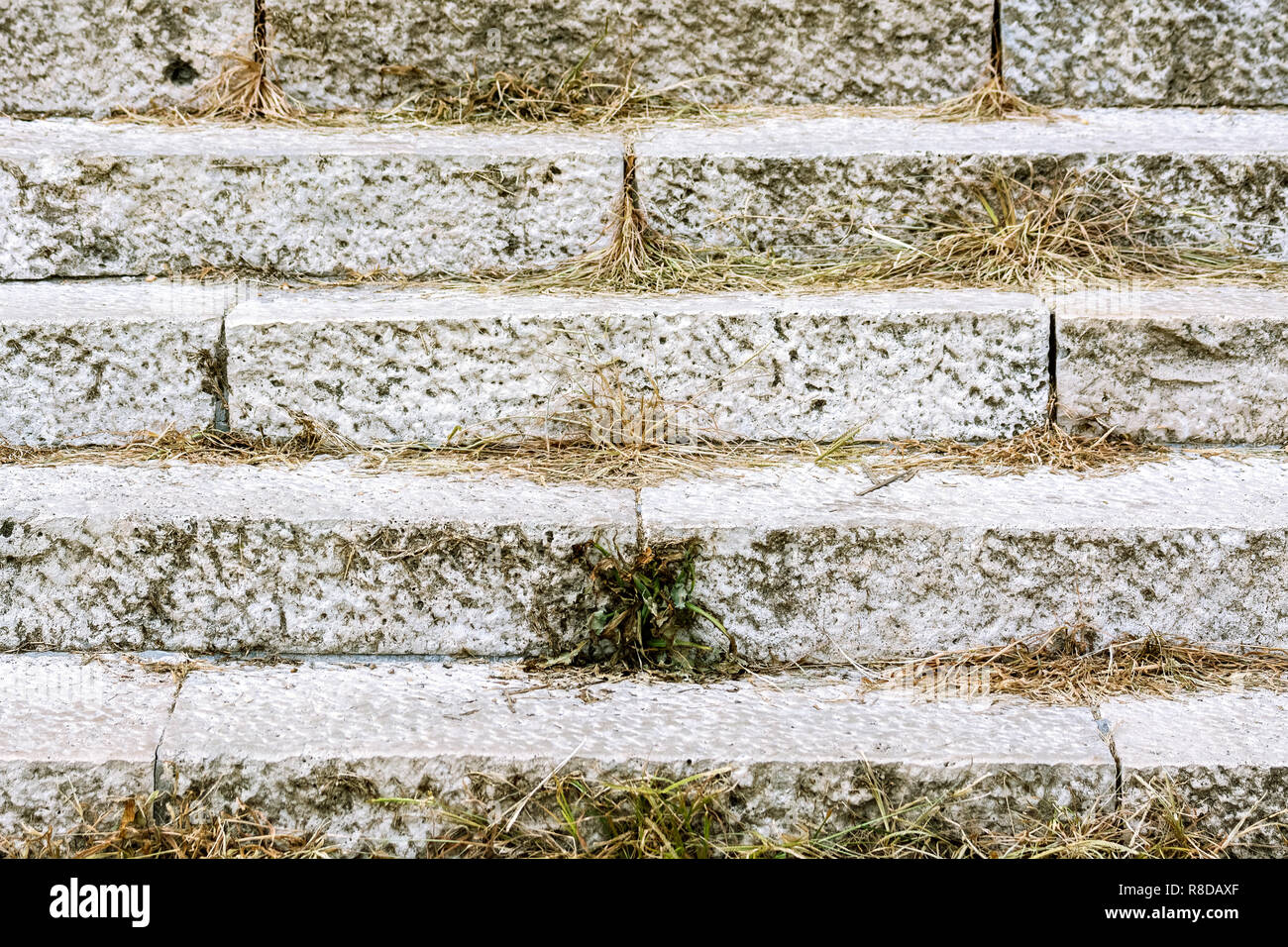 Passi antichi fatti di pietra con erba crescente verso l'esterno nelle giunzioni tra le pietre. Foto Stock