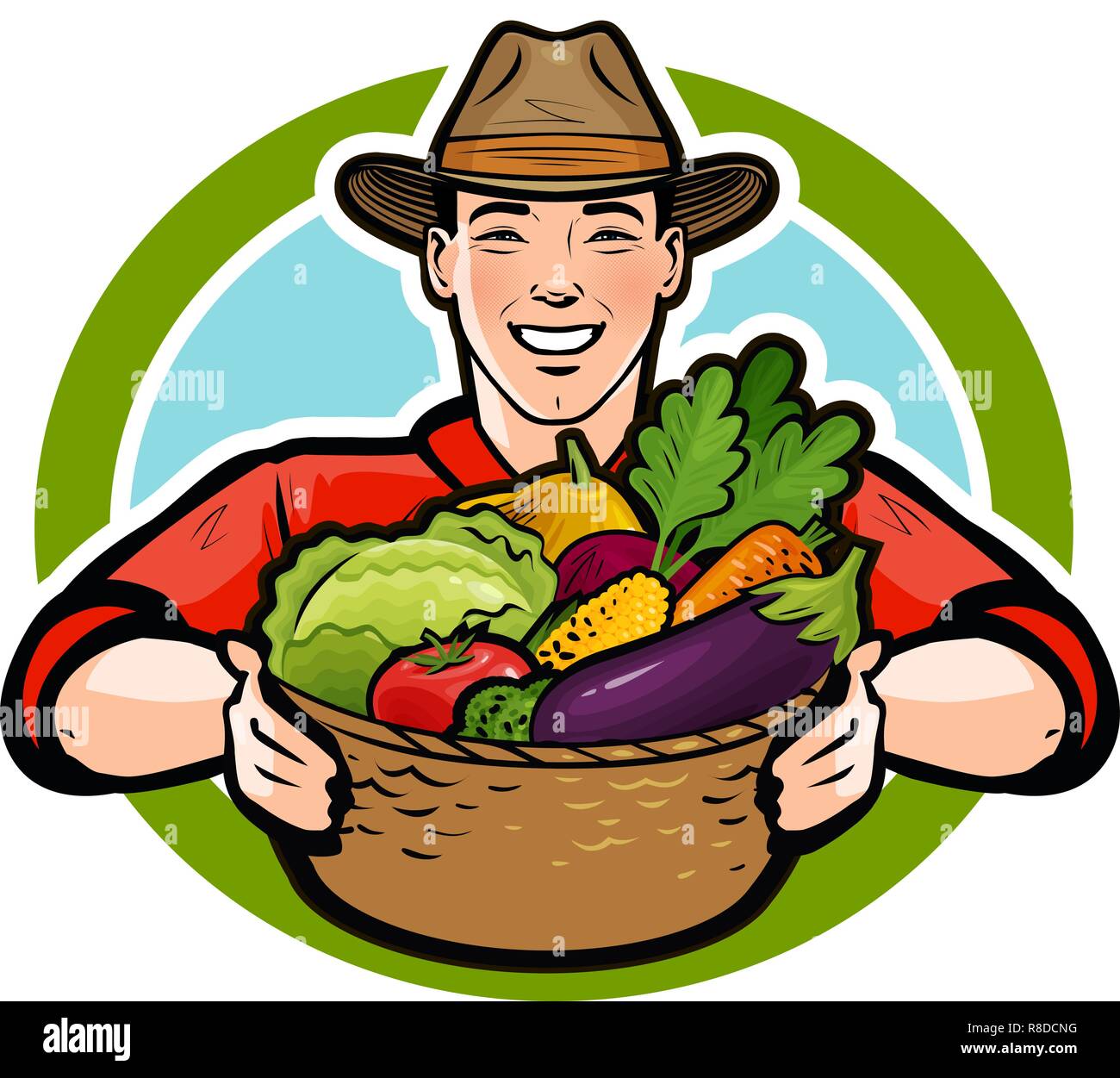 Felice l'agricoltore che detiene un cesto di vimini pieno di verdure fresche. Agricoltura, agriturismo, concetto di agricoltura. Fumetto illustrazione vettoriale Illustrazione Vettoriale