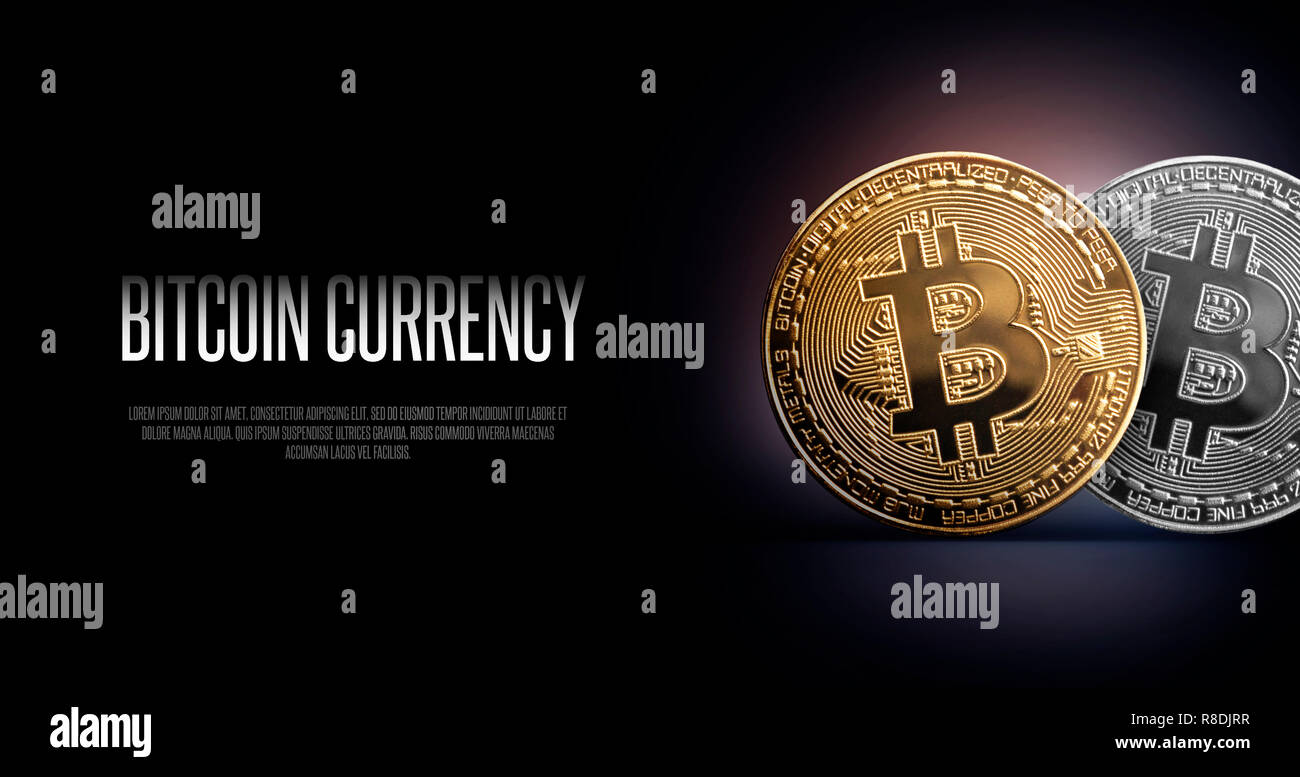 Bitcoin Intestazione Banner. Oro e Silwer moneta. Cryptocurrency con lo spazio per il tuo testo. Foto Stock