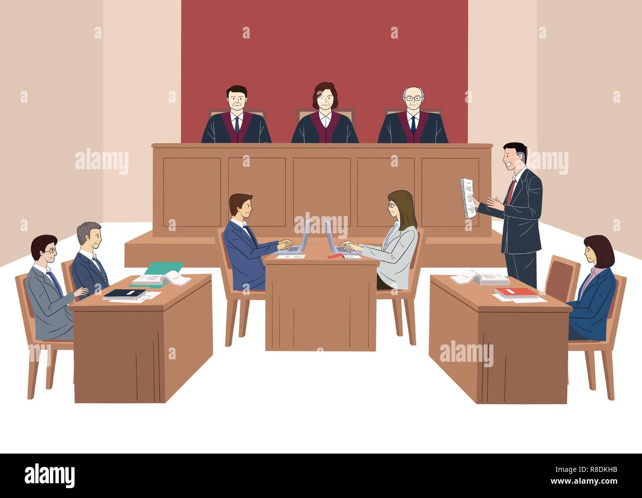 I giudici corte concetto, aule di tribunale in scena con la giudice, avvocati, testimonianza. la magistratura illustrazione vettoriale. 002 Illustrazione Vettoriale