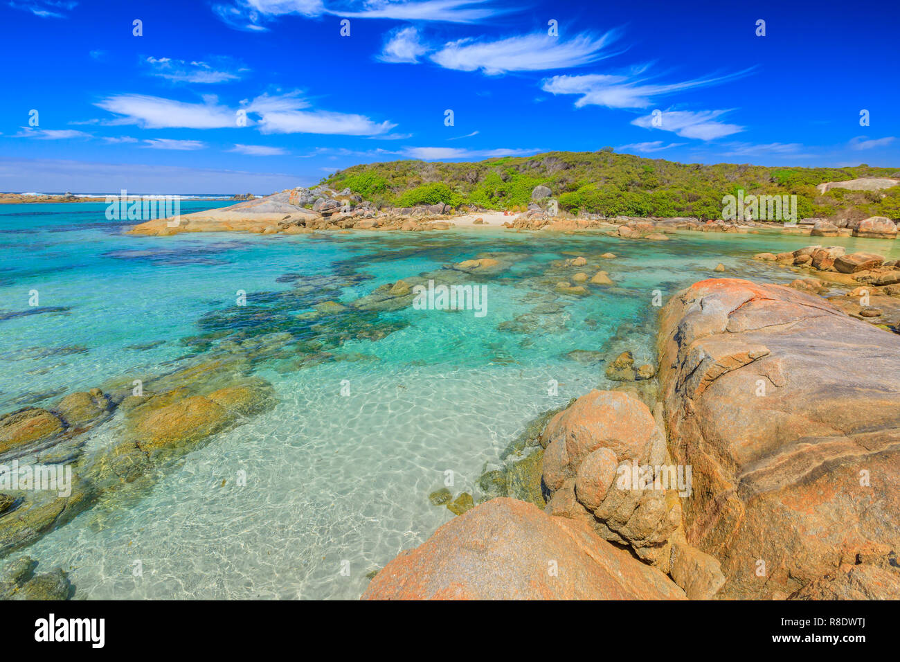 William Bay National Park, regione della Danimarca, Western Australia. Acque tropicali turchesi di Madfish spiaggia circondata da formazioni rocciose. Sunny blue sky. Popolare destinazione estiva in Australia. Foto Stock