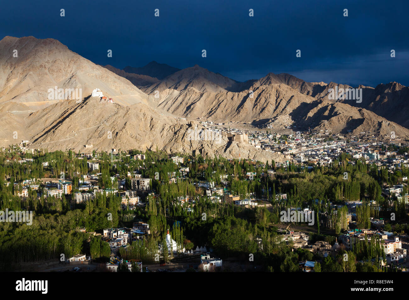 Incredibile pomeriggio scenario di Leh e i suoi dintorni visto dalla zona di Shanti Stupa, Ladakh, Jammu e Kashmir India Foto Stock