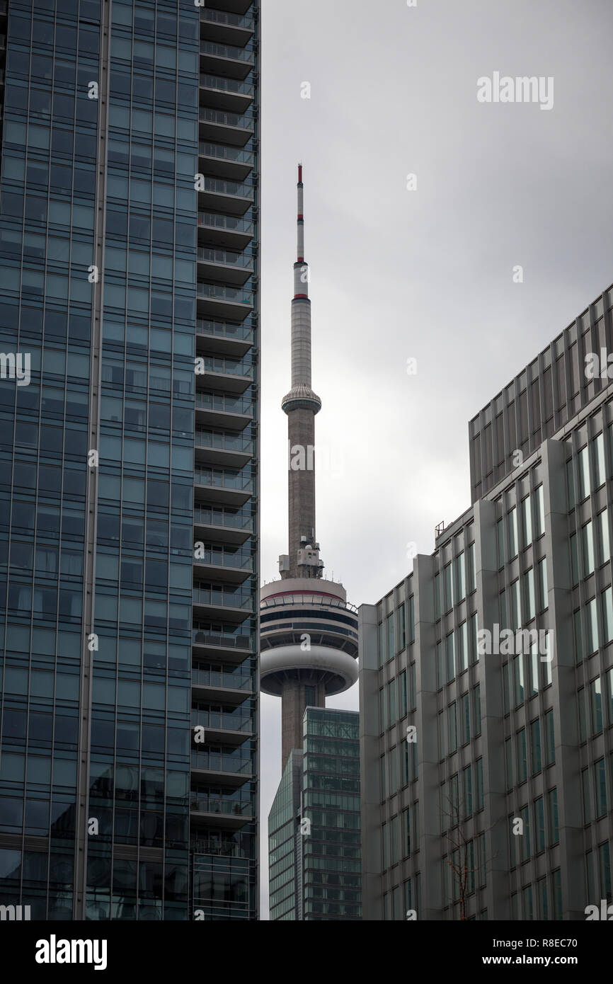 TORONTO, Canada - 13 novembre 2018: Canadian National Tower (Torre CN) circondato da moderni grattacieli di Toronto. La CN Tower è il più alto edificio Foto Stock