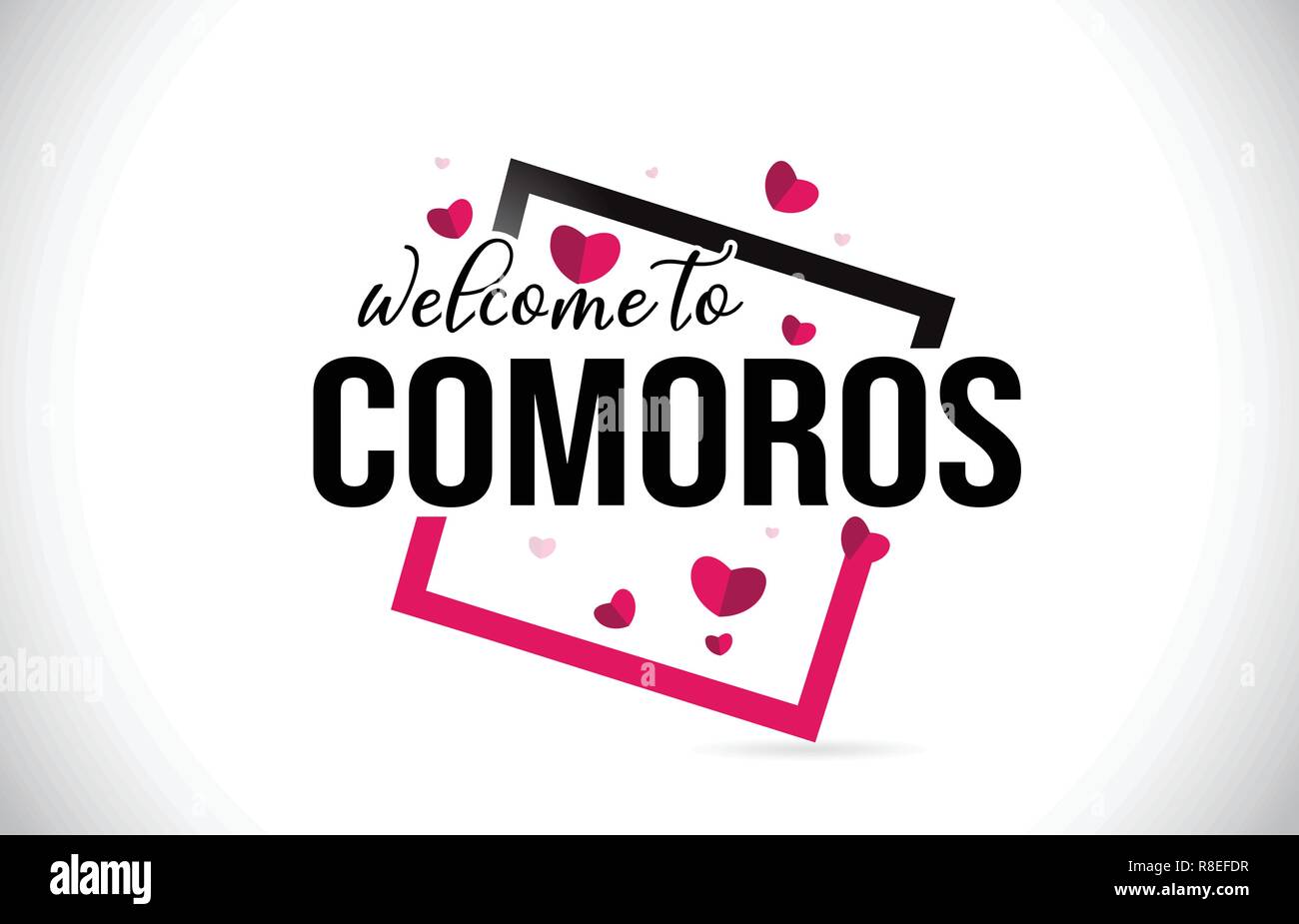 Comore Benvenuti alla parola del testo con caratteri scritti a mano e cuori rossi Design quadrato Illustrazione Vettore. Illustrazione Vettoriale