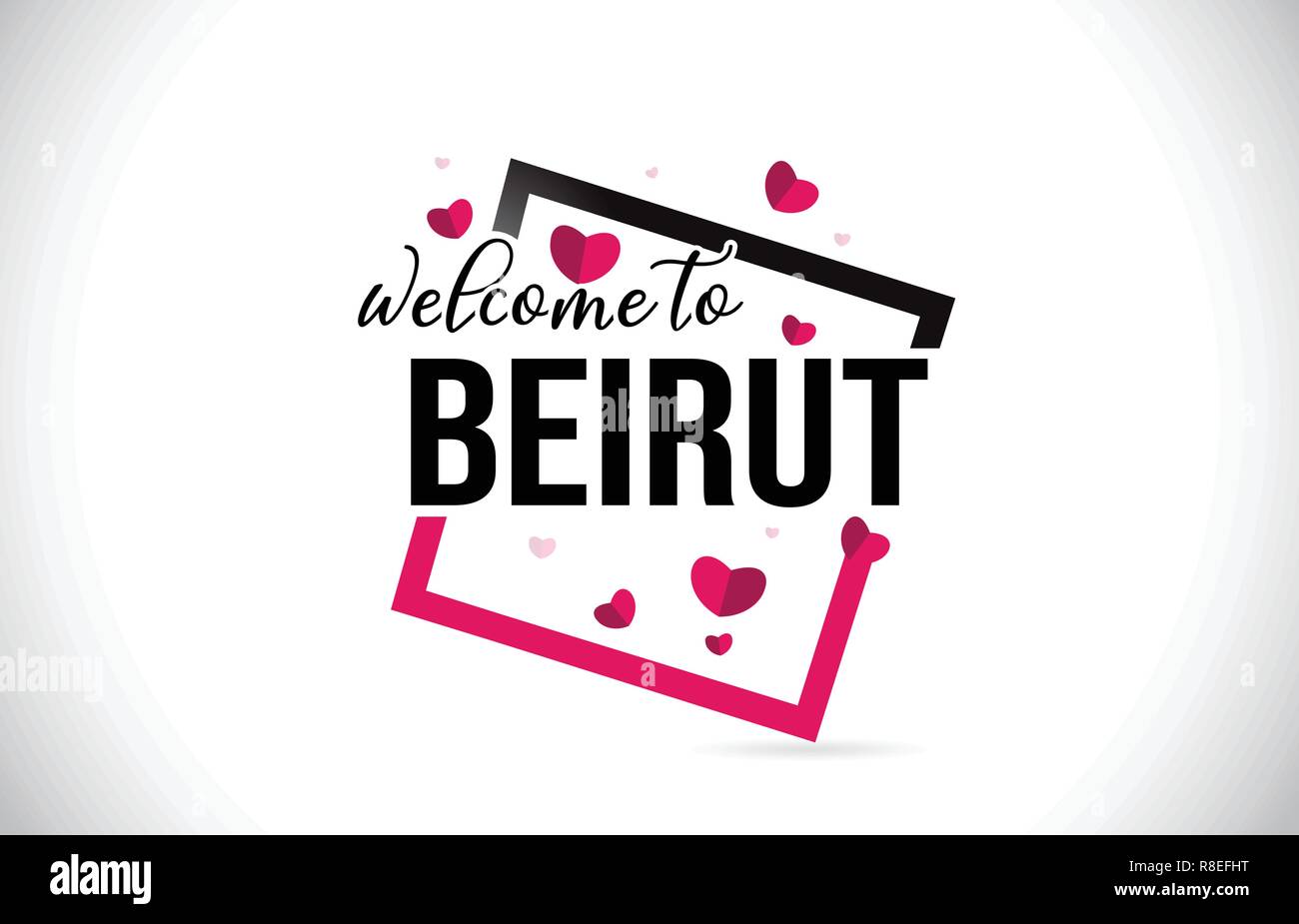 Beirut Benvenuti alla parola del testo con caratteri scritti a mano e cuori rossi Design quadrato Illustrazione Vettore. Illustrazione Vettoriale