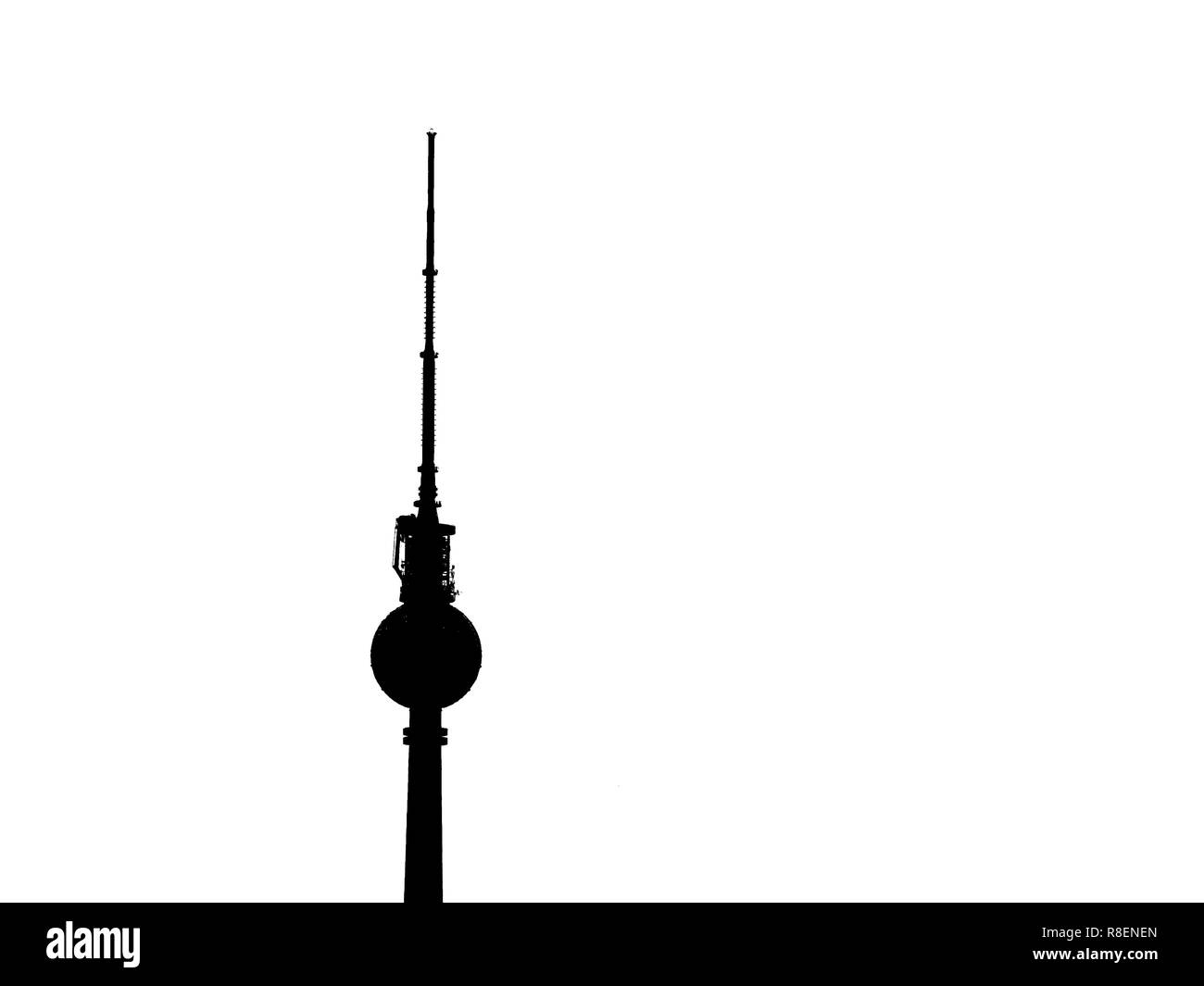 Silhouette della torre della TV di Berlino in Germania, in bianco e nero con spazio di copia Foto Stock
