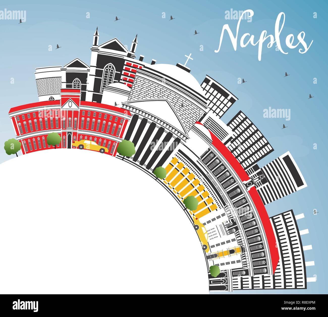 Napoli Italia skyline della città con edifici di colore, il blu del cielo e spazio di copia. Illustrazione Vettoriale. Viaggi di affari e turismo Concept. Illustrazione Vettoriale