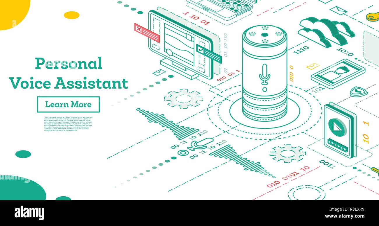 Personale Assistente vocale. Isometrica altoparlante Smart. Illustrazione Vettoriale. Attivazione voce assistente digitale. Connessioni a diversi dispositivi digitali. Illustrazione Vettoriale