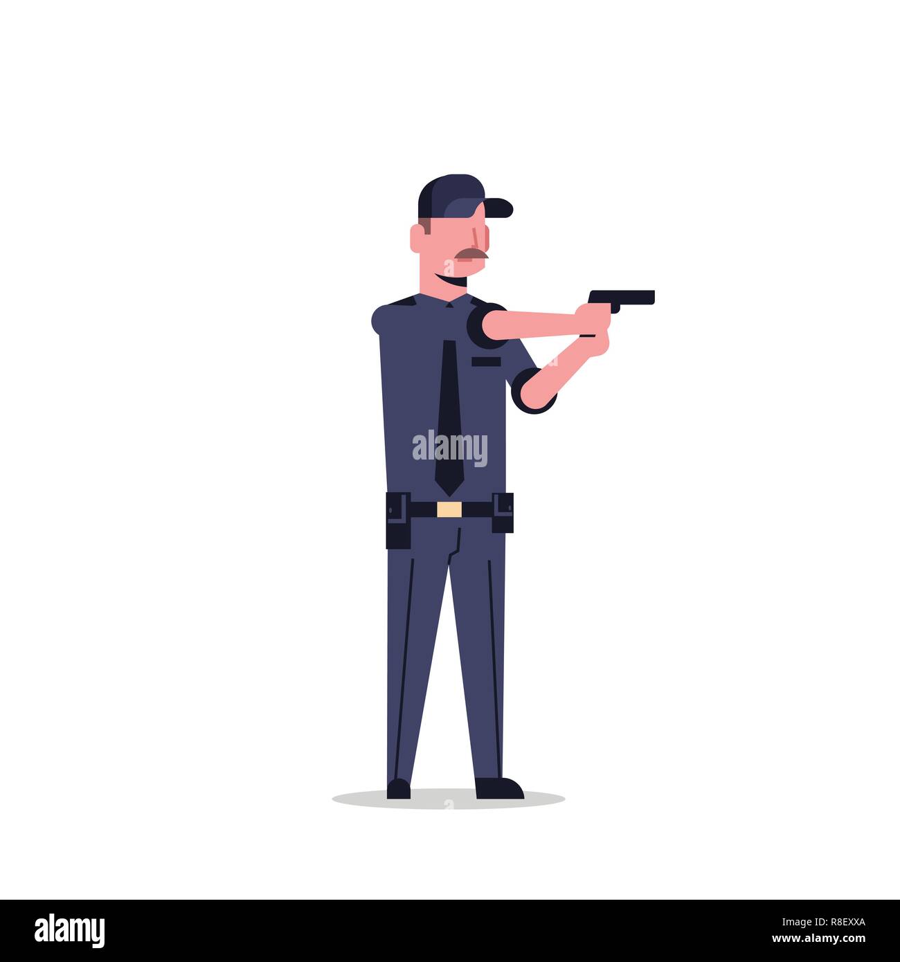La guardia di sicurezza uomo in nero uniforme pistola holding funzionario di polizia di sesso maschile personaggio dei cartoni animati a lunghezza piena isolati piatta Illustrazione Vettoriale