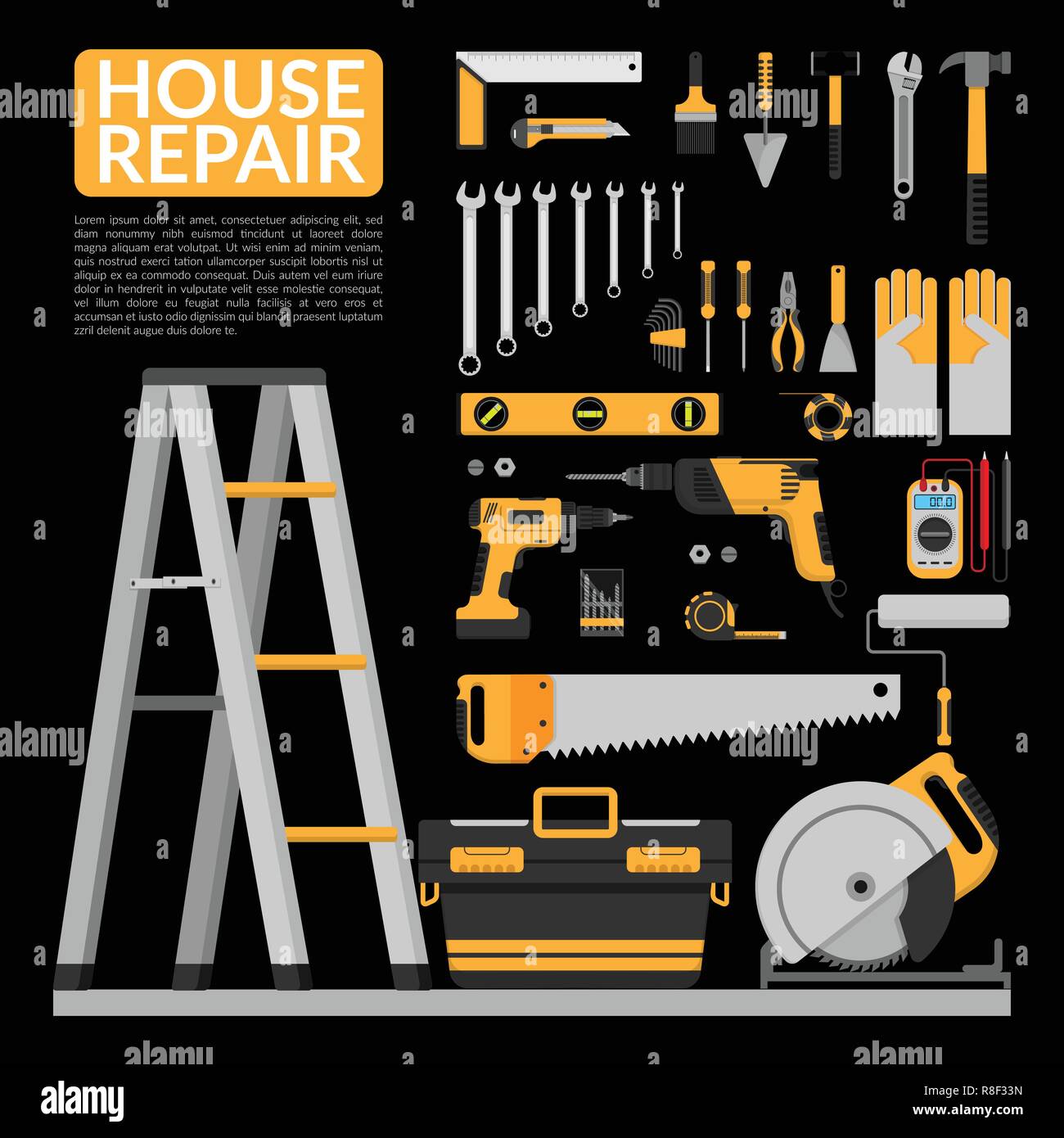 Set di DIY home riparare strumenti di lavoro vector logo design modello. Riparazione della casa banner, costruzione , riparare icone. Utensili a mano per la ristrutturazione di casa & co Illustrazione Vettoriale