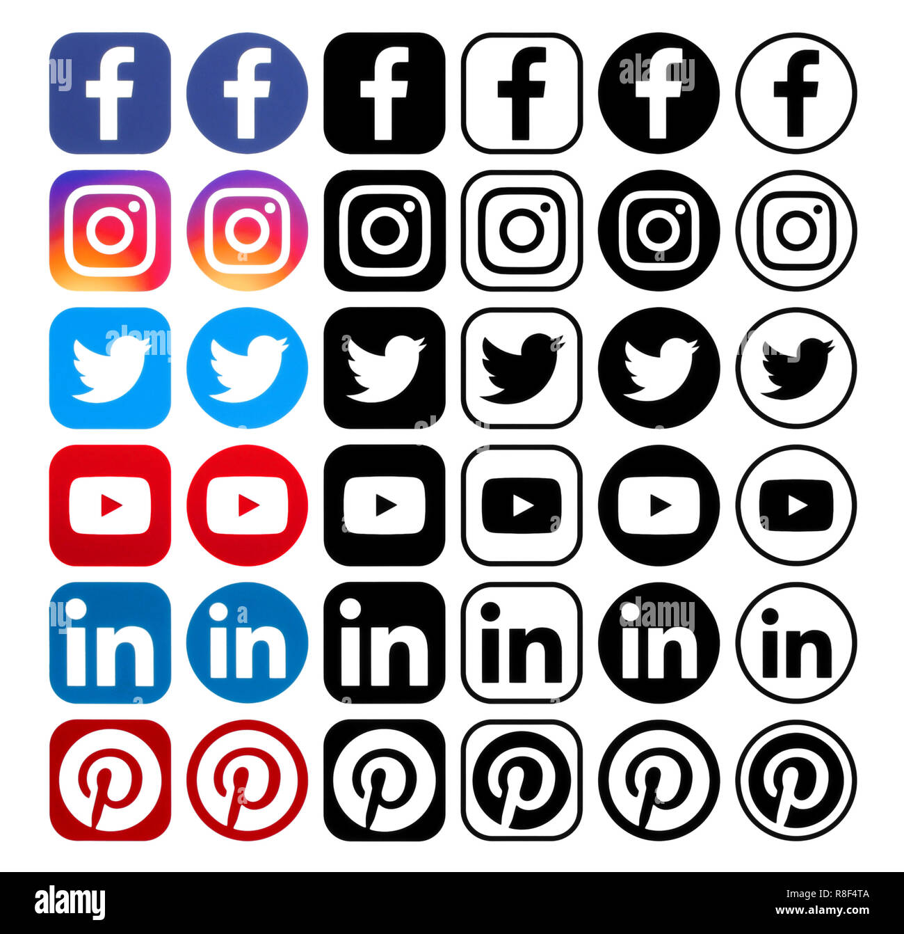 Kiev, Ucraina - 25 Settembre 2018: Raccolta di diversi popolare social media icone stampato su carta bianca: Facebook, Instagram, Linkedin e altri Foto Stock