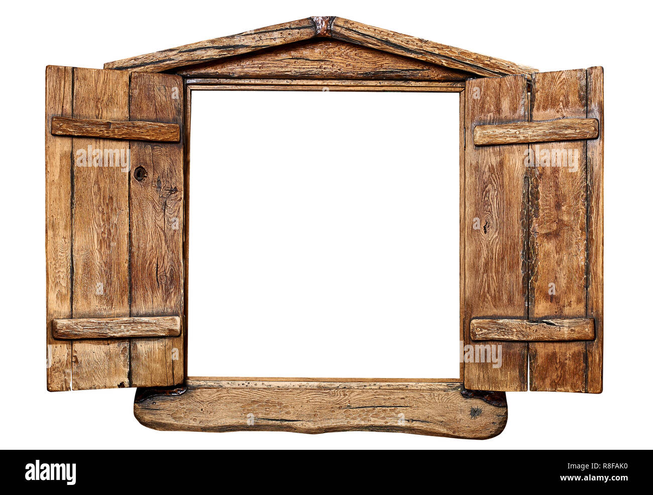 Vecchio legno grunge telaio di finestra, isolato su bianco Foto Stock