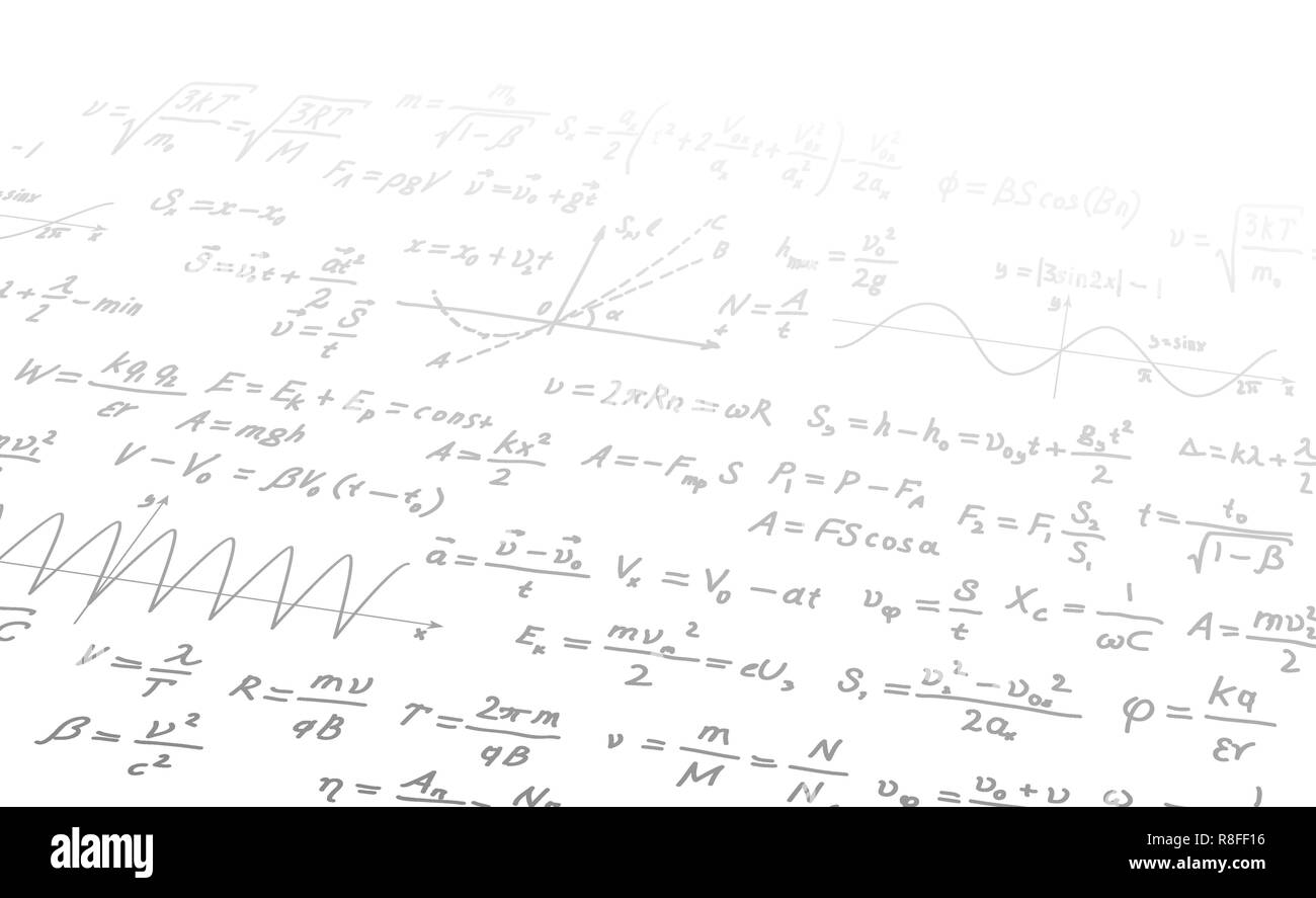 Foglio bianco con complicate formule matematiche e i calcoli fade in prospettiva su bianco Illustrazione Vettoriale