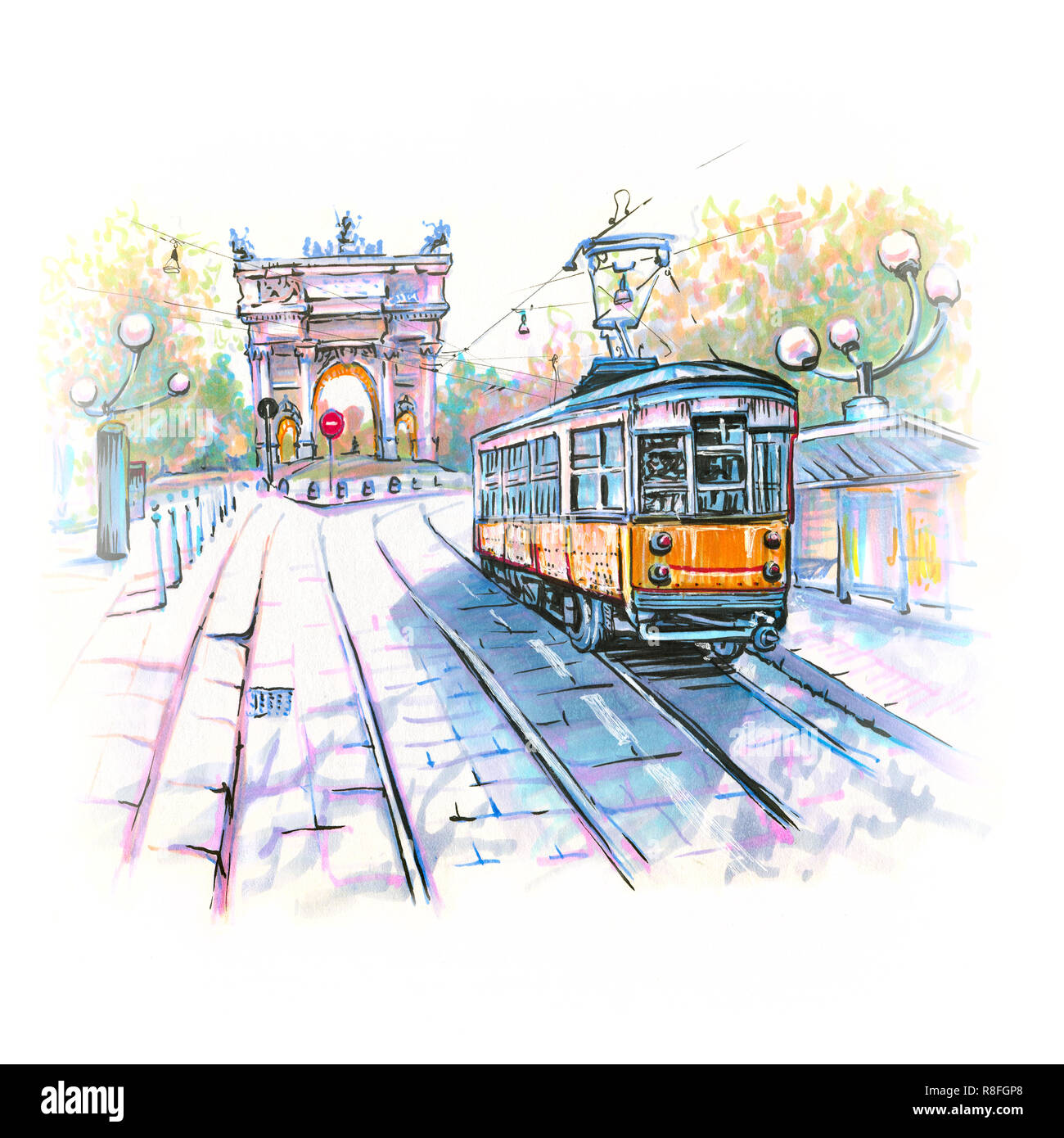 Famosi tram d'epoca nel centro della città vecchia di Milano nella giornata di sole, Lombardia, Italia. Arco della Pace o Arco della Pace sullo sfondo. Pi Foto Stock