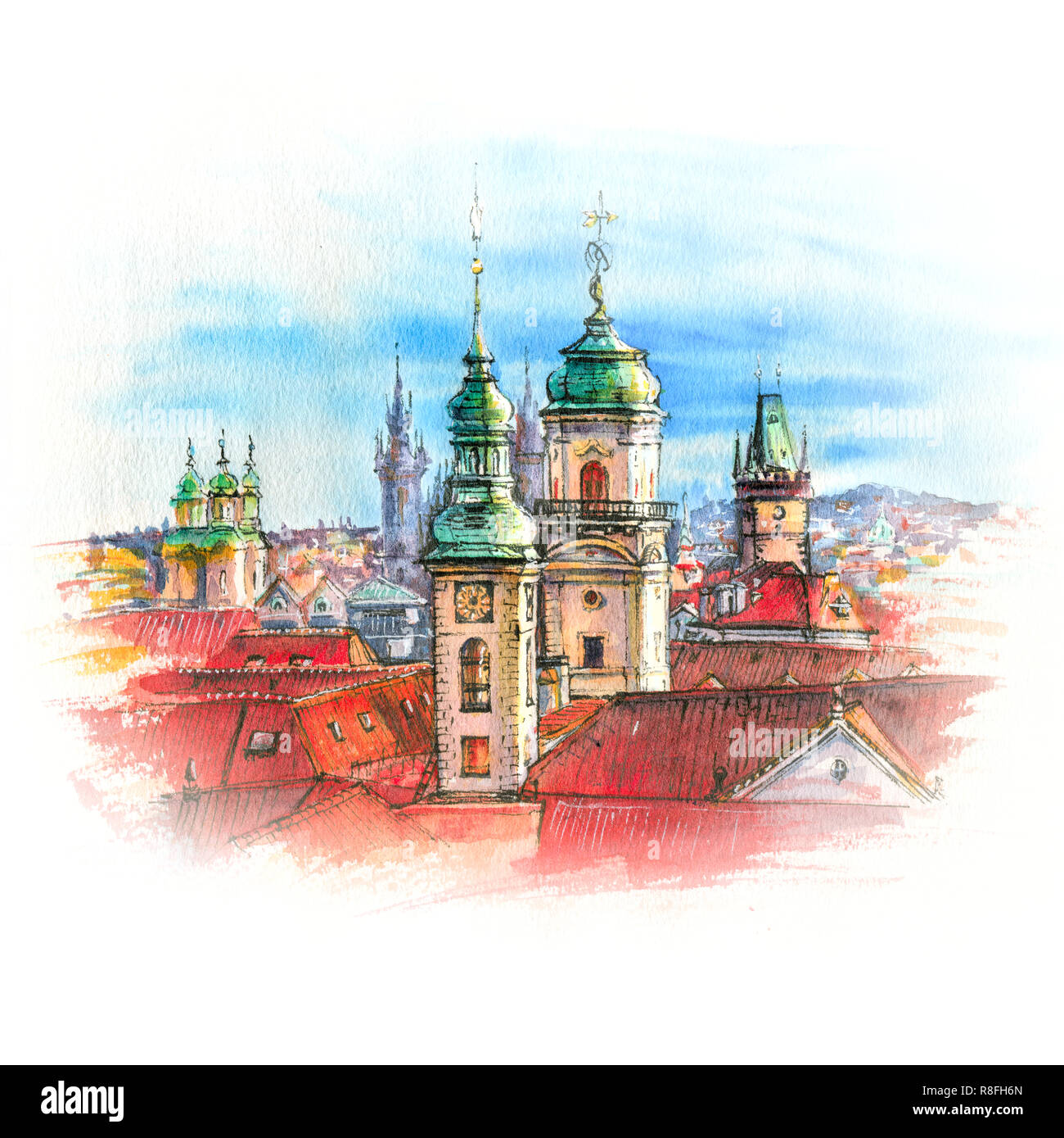 Disegno ad acquerello della Città Vecchia di Praga con cupole di chiese, campanile del municipio della Città Vecchia, la Torre della Polvere, Repubblica Ceca Foto Stock