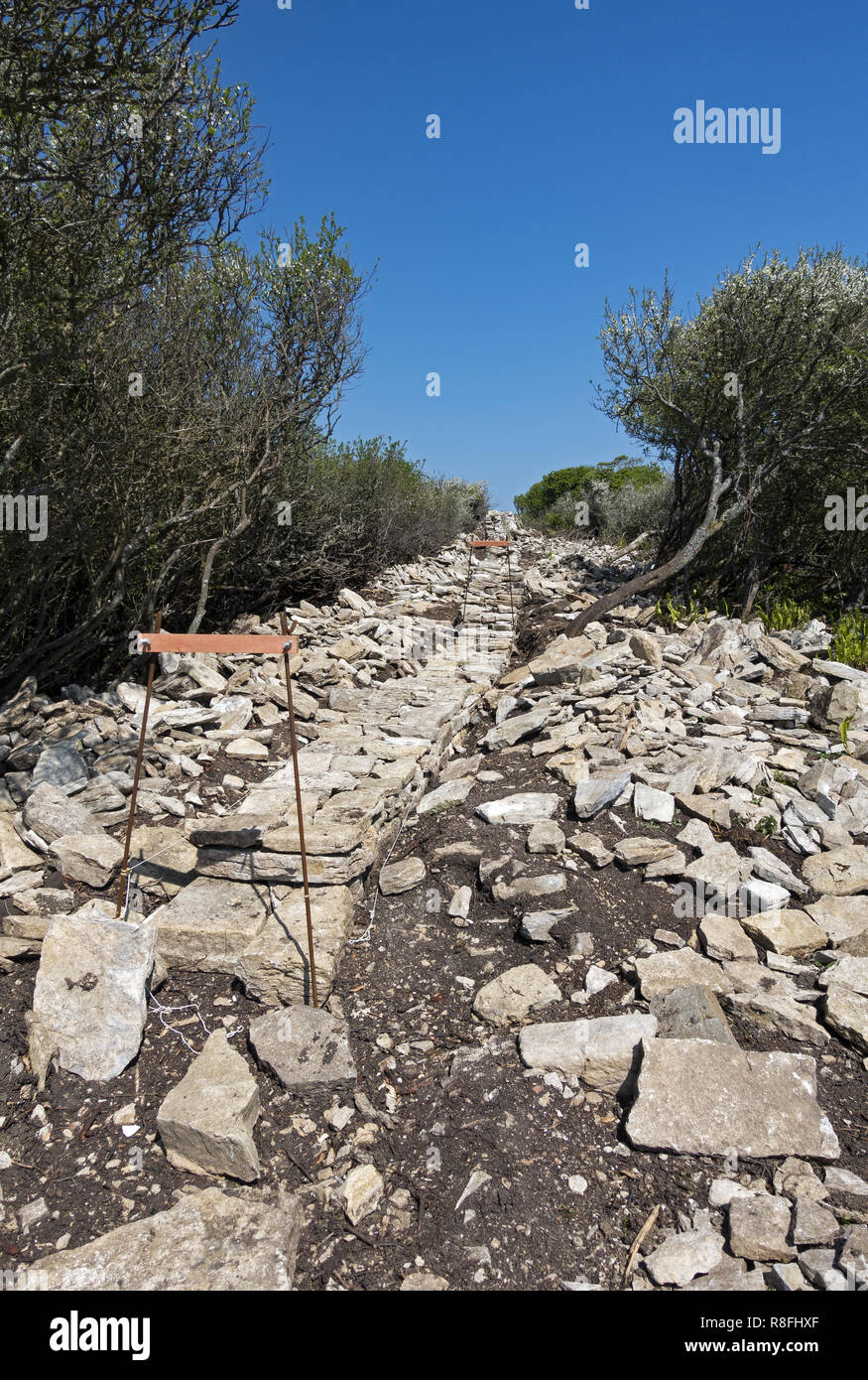 La costruzione di un nuovo muro di pietra a secco in pietra di Purbeck sull'isola di Purbeck, Dorset, Inghilterra, Regno Unito Foto Stock