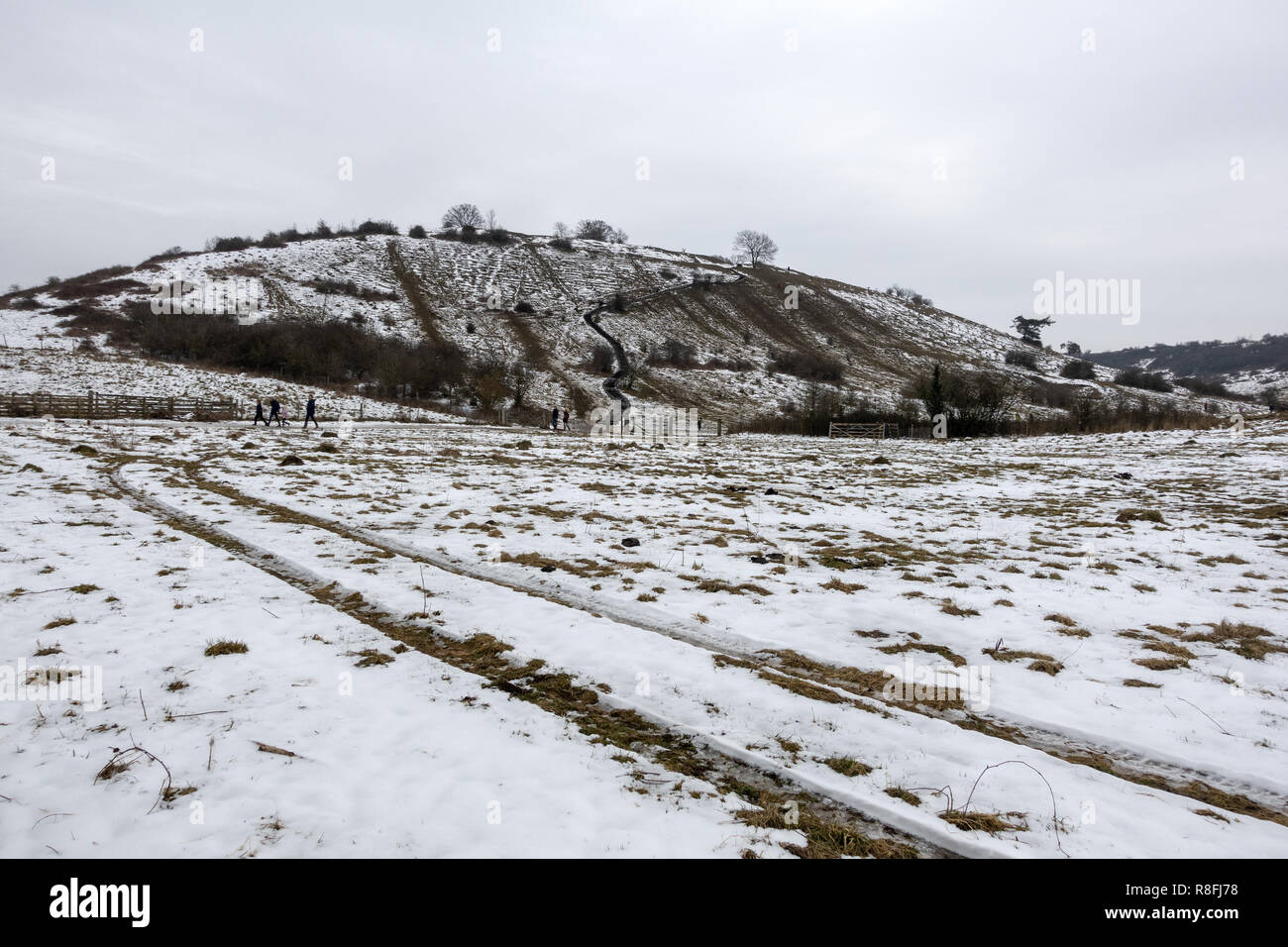 St Catherines Hill coperta di neve a Winchester, Inghilterra, Regno Unito Foto Stock