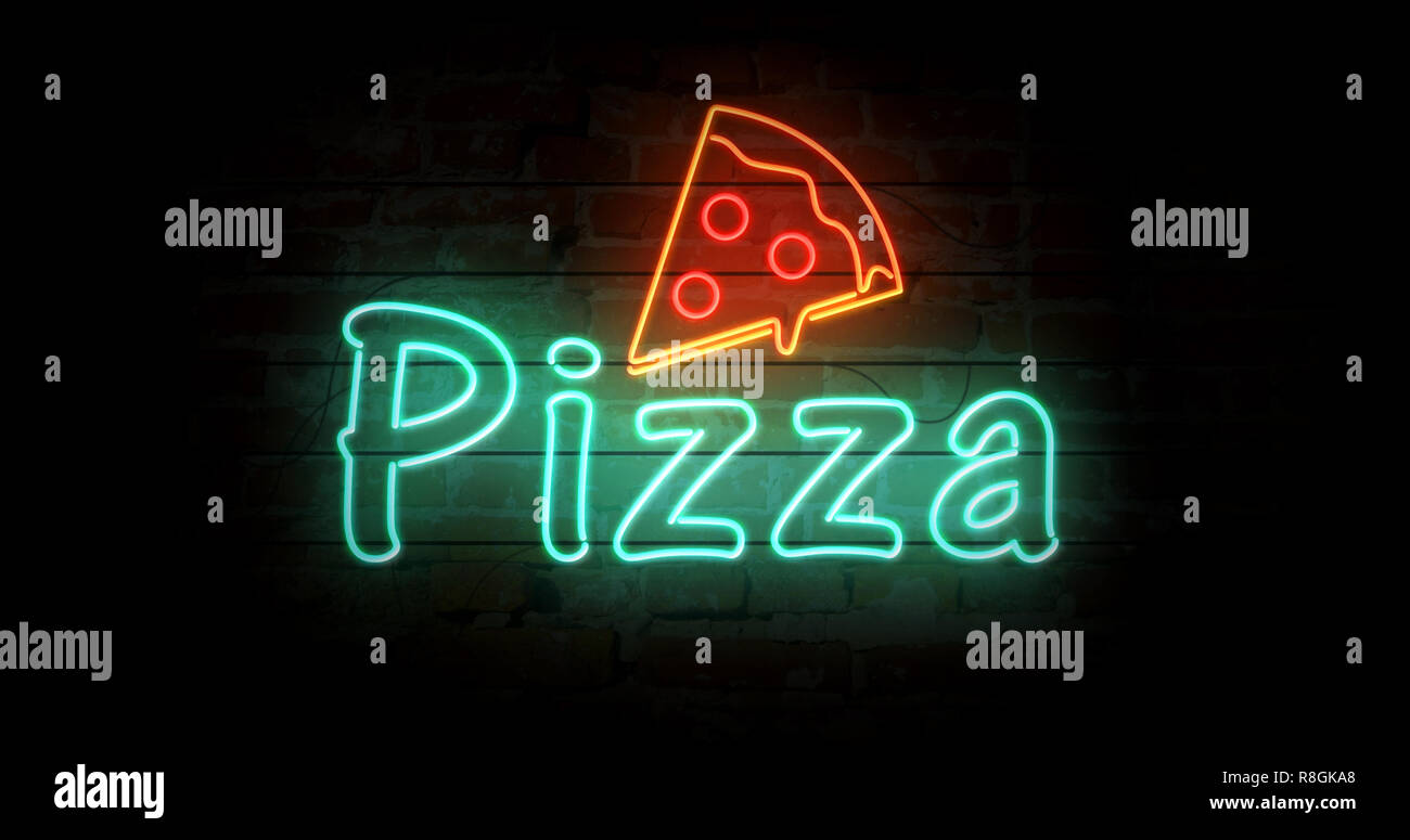 Pizza insegna al neon luce sul muro di mattoni in background. Incandescente testo grande concetto astratto 3D'illustrazione. Retrò degli anni ottanta stile. Foto Stock