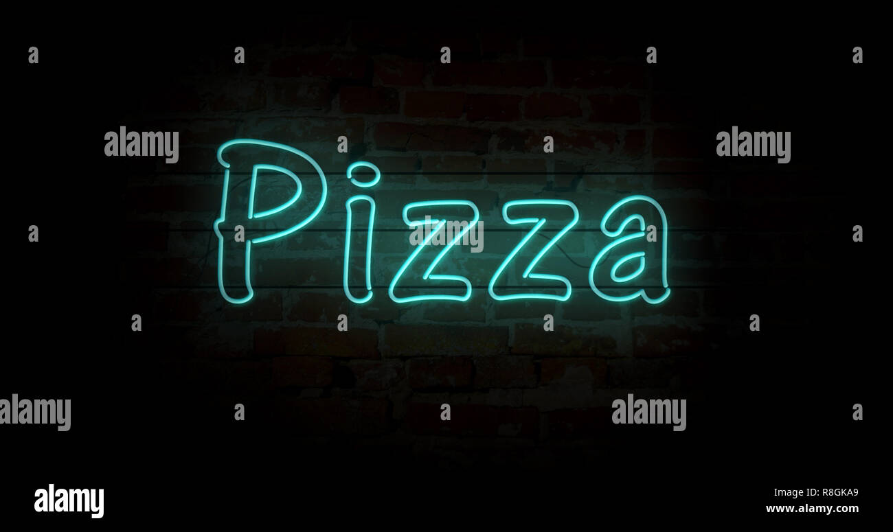 Pizza insegna al neon luce sul muro di mattoni in background. Incandescente testo grande concetto astratto 3D'illustrazione. Retrò degli anni ottanta stile. Foto Stock