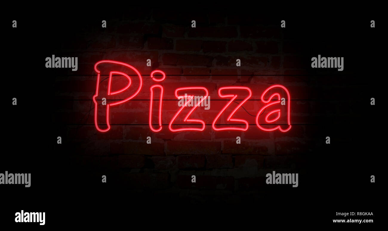 Pizza insegna al neon luce sul muro di mattoni in background. Incandescente testo grande concetto astratto 3D'illustrazione. Retrò degli anni ottanta stile. Foto Stock