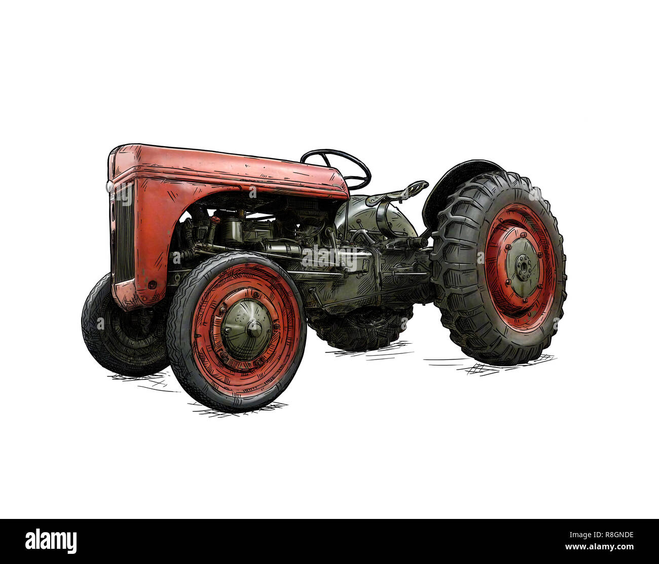 Cartoon o stile fumetto illustrazione del vecchio o Vintage trattore rosso Foto Stock