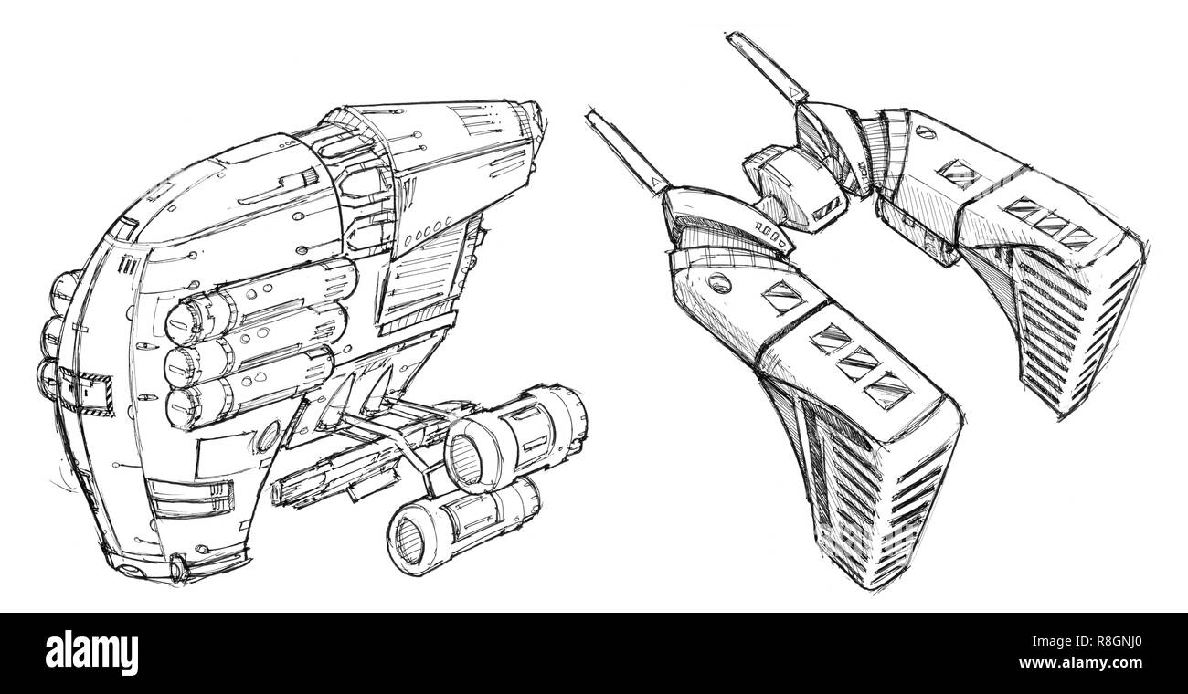 Concetto di inchiostro arte disegno di due astronavi futuristiche o navicelle spaziali Foto Stock